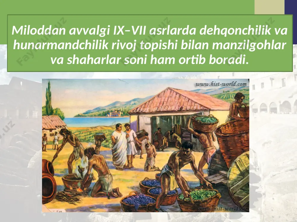 r, o’z vatanini esa ellada deb atashgan. miloddan avvalgi viii – vi asrlarda ko‘pdan ko‘p yunon koloniyalari tashkil topdi. bu davr tarixda buyuk yunon koloniyalashtirishi nomini olgan. yangi mamlakatlar bilan tanishuv yunon madaniyatini boyitdi. masalan, miloddan avvalgi viii asrda yunonistonda finikiya alifbosiga asoslangan yangi yozuv vujudga keldi. alifbo 24 ta harfdan iborat bo‘lgan. savol va topshiriqlar 1. yunon shaharlari qay tariqa tashkil topdi? 2. polis nima? polisning o’ziga xosligi nimada? 3. attika aholisi qaysi guruhlarga ajratilgan? 4. nima uchun afina fuqarosi bo‘lish nafaqat faxrli, balki foydali ham bo’lgan? 5. afinada bolalarga nimalar o’rgatilgan? 6. sparta davlati qanday tashkil topgan? bu davlatlar aholisini qanday atashgan? 7. spartaliklar qanday qonunlar asosida yashaganlar? 8. ilotlar va periyeklar kim? o’z mavqeiga ko’ra nimasi bilan farqlangan? 9. yunon koloniyalashtirilishi boshlanishining sababi nimada? 10. nima uchun davlat koloniyalashni qo‘llab-quvvatladi? 11. xaritadan yunon koloniyalarini ko‘rsating. image2.jpg image3.jpeg image4.jpeg image5.jpeg image6.jpeg image7.jpeg image8.jpeg image9.jpeg image10.jpeg image11.emf image12.jpeg image13.jpeg …