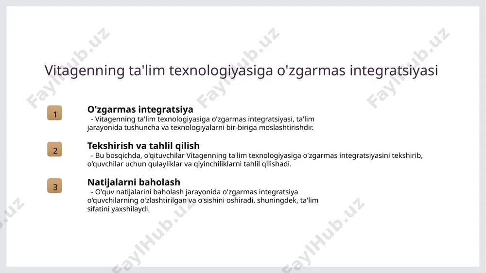 ta'siri vitagen, o'zbekiston ta'lim tizimlariga interaktiv ta'lim, e-learning va texnologiyani integratsiyasi orqali ta'sir qiladi. bu, o'quv jarayonida yangiliklar yaratishda muhim ahamiyatga ega. photo by tim mossholder on unsplash xulosa 1 natijalar va ta'sir - vitagen ta'lim texnologiyalariga integratsiyasi o'quv muhitini yanada rivojlantirishi va o'quvchilarga yangiliklar keltirishi bilan uchrashuvni oshiradi. 2 o'quv natijalari - vitagenning o'quv jarayonida muhimligi o'quvchilarning tushunchalarini kuchaytiradi va o'zlashtiradi, ta'limning samaradorligini oshiradi va o'quv natijalarini yanada yaxshilaydi. 3 innovatsion yondashuv - vitagenning o'zbekiston ta'lim tizimlariga ta'siri innovatsion yondashuv uchun yangi imkoniyatlar ochadi va ta'lim sohasida rivojlanishga qo'llanadi. e'tiboringiz uchun rahmat! image1.jpg image2.jpg image3.jpg /docprops/thumbnail.jpeg
