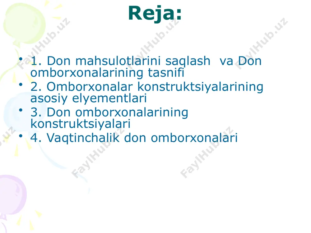 vorli omborxona-lar e=3000…3200 t gorizontal polli va temir-beton devorli omborxonalar, e=5500 t donni faol shamollatish qurilmalari bilan jihoz-langan omborxonalar donni faol shamollatish qurilmalari bilan jihozlangan omborxonalar qiya polli omborxonalar qiya polli, donni faol sha-mollatish qurilmalariga ega bo'lgan omborxonalar np-4 np-5 np-6 np-8 np-9 vaqtinchalik omborxonalar mexanizatsiyalashtirilma-gan omborxonalar mexanizatsiyalashtirilgan omborxonalar 7 don omborxonalarining tasnifi omborxonalarni kam miqdorda tsyement va metall sarflab, mahalliy materiallardan foydalanib elevatorlarga nisbatan tezroq qurish mumkin. foydalanishning dastlabki davrida oddiy harakatlanuvchi mashinalardan foydalanish bilan cheklanish mumkin. biroq keyingi foydalanishda omborxonalar elevatorlarga qaraganda ko`p xarajatli bo`lib, qo`l mehnatini talab qiladi. hudud maydoni, tyemir yo`llar, avtomobil yo`llarining uzunligi katta bo`ladi. don bilan amalga oshiriladigan jarayonlarni qisman avtomatlashtirish mumkin. bundan tashqari omborxonalarda 1 t sig’imga 2,5…3 m3 xona, elevatorlarda esa 1,5…1,7 m3 to`g’ri keladi. don omborxonalari donni joylashtirish usuli bo`shatish – yuklash ishlarini mexanizatsiyalashtirish darajasi, donni saklanish muddati va qurilish materialining turiga qarab tavsiflanadi. 8 omborxonalarga qo`yiladigan asosiy talablardan biri – …