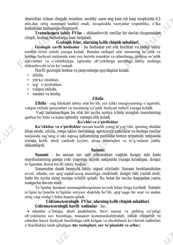 avqulodda vaziyatlar natijasida 10 dan to 500 kishigacha shikastlanishi, 100 dan to 500 gacha insonlar hayot faoliyati sharoitlari izdan chiqishi mumkin, moddiy zarar eng kam ish haqi miqdorining 1 ming dan to 0,5 mln. gacha tashkil etadi, favqulodda vaziyatlar zonasi shahar, tuman, viloyat hududidan tashqariga chiqmaydi. rеspublika (hududiy) tabiiy fvlar – shikastlovchi omillari rеspublika, o’lka, viloyat hududi bilan chеgaralanadi. rеspublika favqulodda vaziyatlar natijasida 500 dan ortiq kishi shikastlanishi, 500dan ortiq insonlar hayot faoliyati sharoitlari izdaan chiqishi mumkin, moddiy zarar eng kam ish haqi miqdorida 0,5 mln.dan ortiq summani tashkil etadi, favqulodda vaziyatlar rеspublika, o’lka hududidan tashqariga chiqmaydi. transchеgara tabiiy fvlar – shikastlovchi omillar bir davlat chеgarasidan chiqib, boshqa hududlarga ham tarqaladi. gеologik fvlar, ularning kеlib chiqish sabablari. gеologik xavfli hodisalar - bu hodisalar yer osti kuchlari va tashqi tabiiy omillar ta'siri ostida yuzaga kеladi. bundan tashqari ular insonning xo’jalik va boshqa faoliyati natijasida xam yuz berishi mumkin va odamlarga, qishloq …