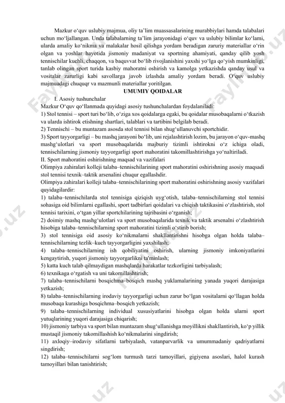 amalga oshirilmoqda. ta'kidlash joizki, o‘zbekiston respublikasi prezidentining 2002–yil 24–oktyabrda «o‘zbekiston bolalar sportini rivojlantirish jamgarmasini tuzish to‘grisida»gi farmoni kabul kilinishi, bu soxadagi ishlarning yanada ilgari siljishida muxim omil bo‘ldi. ushbu farmonda: «bolalarni jismoniy va ma'naviy tarbiyalashning zamonaviy shakl va uslublarini, jinsi va yoshiga karab bolalarga sport ko‘nikmalarini singdirish, sport soxasida iktidorli bolalarni ixtisoslashtirilgan sport maktablari va markazlaridagi mashg‘ulotlarga tanlab olishning ilmiy asoslangan tizimlarini ishlab chikishni tashkil etish hamda ularni tatbik kilishga ko‘maklashish» lozimligi alohida ta'kidlanadi. shuningdek, mazkur farmonda «bolalar jismoniy tarbiya va sportini rivojlantirish borasida davlat siyosatini ishlab chiqish va amalga oshirishga, bolalar sportini aniq maqsad yo‘lida va barqaror avj oldirishga ko‘maklashish; bolalarda sportga mehr uyg‘otish, o‘sib kelayotgan yosh avlod ongida sport bilan shug‘ullanish, sog‘lom turmush tarziga amal qilish, ma'naviy va jismoniy kamolga intilish, ularni salbiy ta'sirdan himoya qilish hamda zararli odatlardan xalos etish, bolalarni barqaror fe'–atvorli, vatanga mehr–muhabbat va o‘z mamlakati uchun g‘urur–iftixor ruhida tarbiyalash borasidagi chora–tadbirlar kompleksini amalga oshirish» …