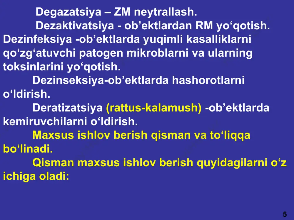 ampon bilan artish kerak va toza suv yoki 2% iste’mol soda eritmasi bilan yuvish kerak. 18 1. kavsharlangan polietilen xaltacha (qobiq). 2.ishlatilishi bo‘yicha yo‘riqnoma. ipp-8 tarkibi: 19 3.125-135 ml degazatsiya qiluvchi eritma (dixloretan cich2-ch2ci) solingan yapaloq shisha flakon. 4.to‘rtta momiq-doka tampon (7x10 см). 20 1.ipp oling. 2.flakonni oling. 21 3.tamponlarni oling. 4.flakonni qopqog‘ini oching. 22 5.flakondagi eritma (degazatsiya qiluvchi) bilan tamponni serob namlang. 6.namlangan tampon yordamida terining ochiq joylariga (qo‘llarning kaftlariga) qisman sanitar ishlov bering. 23 7.yana tamponni namlang va terining ochiq joylariga bo‘yin va yuzga qisman sanitar ishlov bering. 8.yana tamponni namlang va u bilan teriga tegib turadigan yoqani chetlariga qisman sanitar ishlov bering. 24 9.yana tamponni namlang va u bilan teriga tegib turadigan yenglarga qisman sanitar ishlov bering. 10.yana tamponni namlang va u bilan gazniqobning yuz qismiga qisman sanitar ishlov bering. 25 ipp-9- qopqog‘i aylantirib yopiladigan silindr formada bo‘lgan metall idish. idishdagi suyuqlikning hajmi 135 ml, to‘plamning og‘irligi …