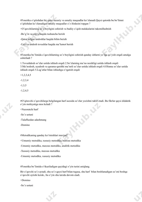 didaktik o’yin mohiyatiga mos keladi ? +nazoratchi harf -so’z ustuni -talaffuzdan adashmang -domino #metodikaning qanday ko’rinishlari mavjud? +umumiy metodika, xususiy metodika, maxsus metodika -umumiy metodika, maxsus metodika, analitik metodika -xususiy metodika, maxsus metodika -umumiy metodika, xususiy metodika #fonetika bo’limida o’tkaziladigan quyidagi o’yin turini aniqlang. bir o’quvchi so’z aytadi, shu so’z qaysi harf bilan tugasa, shu harf bilan boshlanadigan so’zni boshqa o’quvchi aytishi kerak., bu o’yin shu tarzda davom etadi. +domino -so’z ustuni -talaffuzdan adashmang -nazoratchi harf #maktaabda « leksikologiya » bo’limini o’qitishdan ko’zlandigan asosiy maqsad nima ? +o’quvchilarni o’zbek adabiy tilining so’z xazinasiga olib kirish, ularning so’z boyligi zaxirasini oshirish va so’zdan o’rinli foydalanish malakalarini rivojlantirish -bo’limga oid bo’lgan barcha mavzularni mukammal o’rgatish -o’quvchilarni ifodali o’qishga o’rgatish -nutqda ma’nodosh, shakldosh, uyadosh va paronim so’zlardan o’rinli foydalanishga o’rgatish #quyidagi fikrlardan qaysi biri « leksikologiya » bo’lmini o’qitishga daxldor emas ? +o’quvchilarni so’z turkumlarini farqlashga o’rgatish -o’quvchilarda adabiy-stilistik malakalarni shakllantirish -so’znig shakl …