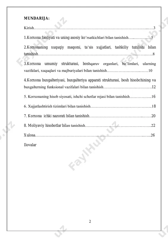 muhim ahamiyat kasb etadi ”.1 shuningdek prezidentimizning pq-3151-sonli “ oliy ma`lumotli mutaxassislar tayyorlash sifatini oshirishda iqtisodiyot sohalari va tarmoqlarining ishtirokini yanada kengaytirish chora-tadbirlari to`g`risida”gi qarori talabalarning amaliyotlarini samarali tashkil etishga asos yaratdi .2 buxgalteriya hisobini chuqur o`rganishda malakaviy amaliyot muhim rol o`ynaydi. shu maqsadda biz “buxgalteriya hisobi va audit “ yo`nalishi talabalari o`quv rejaga muvofiq 1 kurs davomida mutahassisligimiz bo`yicha olgan nazariy bilimlarimizni mustahkamlash , chuqurlashtirish va amaliy tajriba va ko`nikmalarimizni shakllantirish maqsadida tanishuv ishlab chiqarish amaliyotini o`tadik . 1 2017 – 2021-yillarda o`zbekiston respublikasini rivojlantirishning beshta ustuvor yo`nalishi bo`yicha harakatlar strategiyasi 2 o`z.res.pre. sh.mirziyoyevning pq-3151-sonli “ oliy ma`lumotli mutaxassislar tayyorlash sifatini oshirishda iqtisodiyot sohalari va tarmoqlarining ishtirokini yanada kengaytirish chora-tadbirlari to`g`risida”gi qarori . 4 tanishuv ishlab chiqarish amaliyoti davomida oldimizga qo`yilgan vazifalar quyidagilardan iborat : 1–chizma. tanishuv ishlab chiqarish amaliyotining vazifalari ushbu vazifalardan kelib chiqqan holda men amaliyotni “” xususiy korxonasida o`tadim . tanishuv ishlab chiqarish amaliyoti davomida to`plangan …