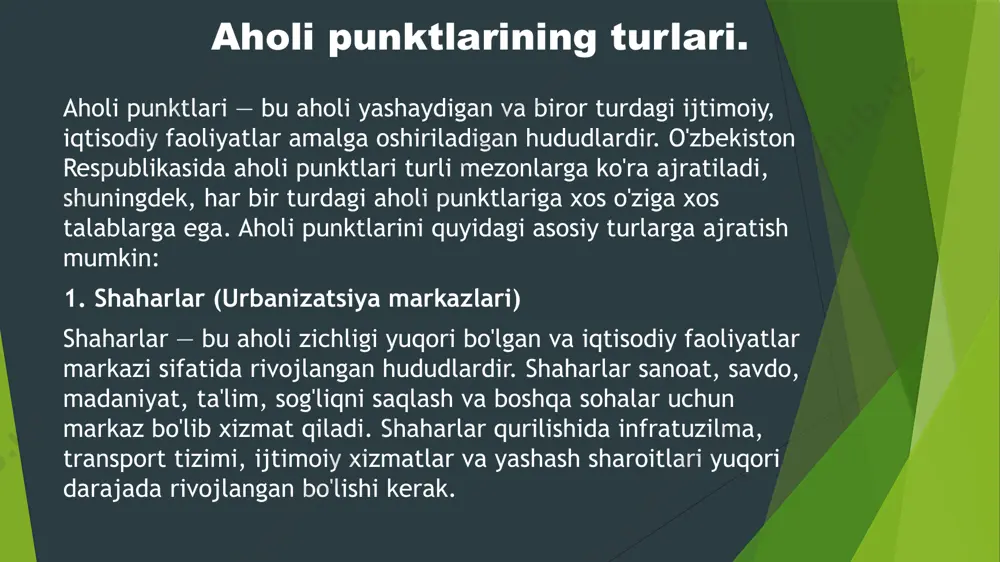a texnik talablarni o'rnatadi. shaharsozlikni rejalashtirishda transport tizimi, infratuzilma, yashash va xizmatlar uchun joylarni taqsimlash muhim ahamiyatga ega. snip 2.04.01-85 "qurilishda sanitariya va gigiena talablariga rioya qilish": shaharlar uchun sanitariya-epidemiologik normalarni belgilash. bu normativda suv ta'minoti, kanalizatsiya, havalandırma tizimlari va ijtimoiy xizmatlarga oid muhim talablar mavjud. snip 2.07.01-89 "qishloq joylarida qurilish": bu snip qishloq hududida qurilish uchun sanitariya-epidemiologik talablarni o'rnatadi. qishloqlarda tabiiy resurslardan foydalanish va ularni himoya qilish talablari yuqori ahamiyatga ega. snip 2.04.01-85 "qurilishda sanitariya va gigiena talablariga rioya qilish": qishloqlarda sanitariya va gigiena talablariga rioya qilish uchun bu normativ asos bo'lib xizmat qiladi. qishloqlar uchun suv ta'minoti, kanalizatsiya va boshqa ijtimoiy xizmatlar aniq belgilangan. snip 2.07.01-89 "mahallalar qurilishi": mahallalar uchun qurilish me'yorlari, ularning rejalashtirilishi va infratuzilmasi haqidagi normativlar. snip 2.04.01-85 "qurilishda sanitariya va gigiena talablariga rioya qilish": mahalla hududlarida sanitariya talablarini va umumiy xizmatlarni tashkil qilish uchun asosiy qoidalar. snip 2.08.01-89 "kurortlar va sog'liqni saqlash inshootlari": kurort zonalari …