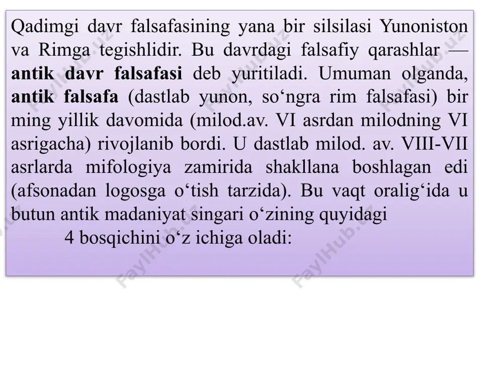 esiy kar va boshqalar); stoitsizm g‘oyalari (sitseron, seneka, avreliy singarilar); neoplotonizm ta’limoti (plotin, porfiriy, prokl kabilar falsafasi). yunonistonda dastlabki falsafiy ta’limotlar eramizdan avvalgi vii-vi asrlar o`rtasida milet shahrida yuzaga kelgan va rivojlangan. milet maktabi vakillari fales, anaksimandr, anaksimenlardir. uning asoschisi fales (eramizdan avvalgi 624 — 547 yillarda yashagan). u yunon fani va falsafasining asoschisi bo`lib, o`z davrining yetuk siyosiy arbobi, jug’rofi, faylasufi bo`lgan. anaksimandr «tabiat haqida» asarini yozgan, biroq asar bizgacha yetib kelmagan. fales olamning asosiga suvni qo‘ygan bo‘lsa, anaksimandr dunyo — cheksiz, gazsimon apeyrondan iborat, issiqlik va sovuqlik, quruqlik va namlik apeyrondan ajralib chiqib, moddaning bir holatdan ikkinchi holatga o‘tishini ta’minlaydi, deb hisoblagan. uning ta’limotini zamondoshi, shogirdi anaksimen (er.av-gi 588-525 yillar) davom ettirdi. u havo — olamning asosi, deb bilgan. havoning quyuqlashishidan suv, yer, tosh kabi moddalar tashkil topgan, siyraklashishidan esa olov paydo bo‘lgan. efeslik geraklit (er. av-gi 520-460 yillar) stixiyali dialektikaga asos solgan, olov — olamning asosi, deb …