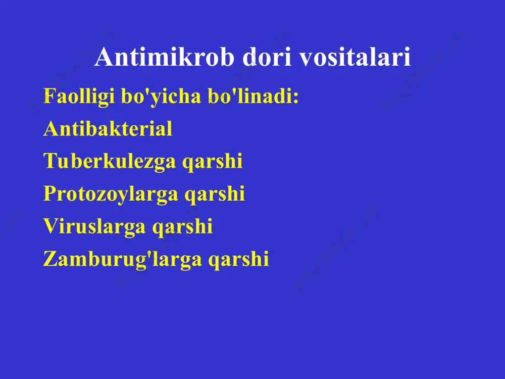 toksiklik aminoglikozidlar kandidoz va disbakterioz xamma guruxlarga tegishli, agar uzoq vaqt qo'llanilsa terapiyani effektivligini monitoringi kasallikni klinik simptomlarini dinamikasi (48- 72s) zardobdagi kontsentratsiyasining monitoringi (aminoglikozidlar) qon zardobidagi bakteritsid titrini aniqlash antibiotiklarni bosh?a dori vositalar bilan o'zaro ta'siri ab bir vaqtda beriladigan dv lar o'zaro ta'sirlarini xavfli natijalari aminoglikozidlar (gentamitsin, amikatsin) furosemid gipotiazid npvs karlik(quloq eshitmasligi) buyrak funktsiyasi buzilishi ftorxinolonlar makrolidlar (makropen va sumameddan tashqari) eufillin teopek va x.k. uyqu buzilishi aritmiyalar tirishish metronidazol sulfanilamidlar varfarin qon ketishi antibiotiklarni profilaktik buyurilishi (1) xirurgik antibiotikoprofilaktika 1 doza- operatsiyadan 30 min oldin v/i yoki narkozdan oldin yoki narkoz vaqtida keyin 1 doza 6-8 soatdan keyin noxirurgik antibiotikoprofilaktika xammaga, qo'zg'atish faktorlariga qaramasdan: difteriya, koklyush bo'lgan bemorlar bilan mulo?otda bo'lganda (makrolidlar), meningokokk infektsiyada (seftriakson) jinsiy yo'l bilan yuqadigan kasallar bilan muloqotda bo'lganda (ftorxinolonq makrolid qmetronidazol yoki tseftriakson q doksitsiklin q metronidazol) tishlangan yaralarda (fenoksimetilpenitsillin, amoksitsillin/klavulanat) noxirurgik antibiotikoprofilaktika infektsion endokardit rivojlanish xavfi bo'lgan bemorlarda ( tug'ma, …