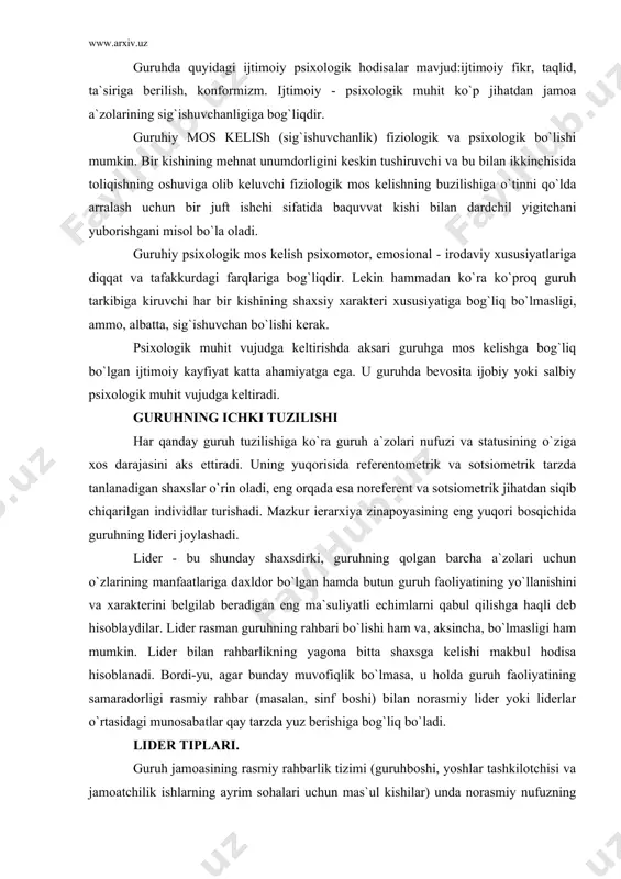 asligi, ammo, albatta, sig`ishuvchan bo`lishi kerak. psixologik muhit vujudga keltirishda aksari guruhga mos kelishga bog`liq bo`lgan ijtimoiy kayfiyat katta ahamiyatga ega. u guruhda bevosita ijobiy yoki salbiy psixologik muhit vujudga keltiradi. guruhning ichki tuzilishi har qanday guruh tuzilishiga ko`ra guruh a`zolari nufuzi va statusining o`ziga xos darajasini aks ettiradi. uning yuqorisida referentometrik va sotsiometrik tarzda tanlanadigan shaxslar o`rin oladi, eng orqada esa noreferent va sotsiometrik jihatdan siqib chiqarilgan individlar turishadi. mazkur ierarxiya zinapoyasining eng yuqori bosqichida guruhning lideri joylashadi. lider - bu shunday shaxsdirki, guruhning qolgan barcha a`zolari uchun o`zlarining manfaatlariga daxldor bo`lgan hamda butun guruh faoliyatining yo`llanishini va xarakterini belgilab beradigan eng ma`suliyatli echimlarni qabul qilishga haqli deb hisoblaydilar. lider rasman guruhning rahbari bo`lishi ham va, aksincha, bo`lmasligi ham mumkin. lider bilan rahbarlikning yagona bitta shaxsga kelishi makbul hodisa hisoblanadi. bordi-yu, agar bunday muvofiqlik bo`lmasa, u holda guruh faoliyatining samaradorligi rasmiy rahbar (masalan, sinf boshi) bilan norasmiy lider yoki …