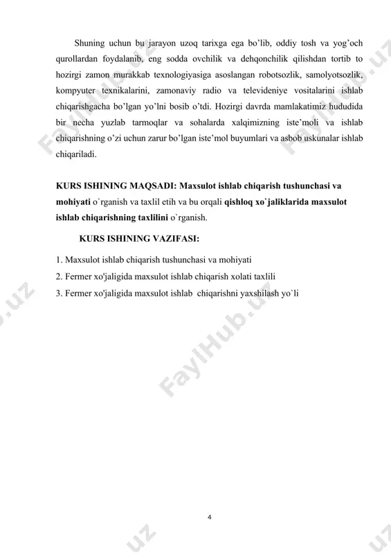 bilimini oshiradi va ularni amalda qo’llashni kengaytirib boradi. boshqacha qilib aytganimizda, ishlab chiqarish jarayoni iste’mol qiymatlarni vujudga keltirish uchun maqsadga muvofiq qilinadigan harakatdir, tabiat yaratgan narsalarni kishi iste’moli uchun o’zlashtirib olishdir, kishi bilan tabiat o’rtasidagi modda almashuvining umumiy shartidir, kishi hayotining abadiy tabiiy sharoitidir. ishlab chiqarish jarayoni insoniyat taraqqiyotining hamma bosqichlariga, hamma mamlakatlarga, el-yurtlarga va xalqlarga xos bo’lib, umuminsoniy kategoriyadir (tushunchadir). shuning uchun bu jarayon uzoq tarixga ega bo’lib, oddiy tosh va yog’och qurollardan foydalanib, eng sodda ovchilik va dehqonchilik qilishdan tortib to hozirgi zamon murakkab texnologiyasiga asoslangan robotsozlik, samolyotsozlik, kompyuter texnikalarini, zamonaviy radio va televideniye vositalarini ishlab chiqarishgacha bo’lgan yo’lni bosib o’tdi. hozirgi davrda mamlakatimiz hududida bir necha yuzlab tarmoqlar va sohalarda xalqimizning iste’moli va ishlab chiqarishning o’zi uchun zarur bo’lgan iste’mol buyumlari va asbob uskunalar ishlab chiqariladi. ishlab chiqarishning eng yirik sohalari sanoat, qishloq xo’jaligi, transport va aloqa, qurilish, savdo, tayyorlov tashkilotlari, kommunal va uy – joy xo’jaliklari, …