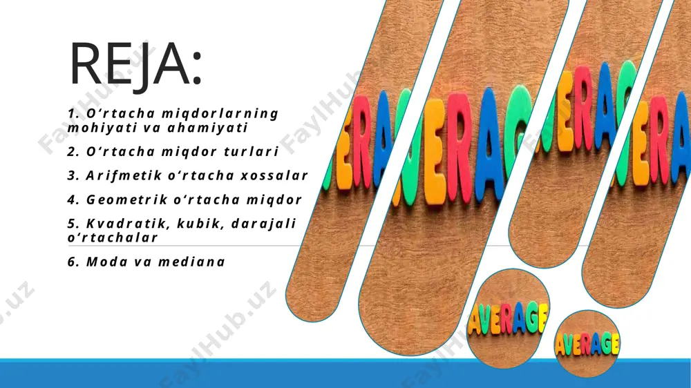bir-biriga qo‘shib, olingan yig‘indini ularning soniga (ya’ni qator variantlari soniga) bo‘lish yo‘li bilan aniqlanadi bu yerda:  -yig‘indi belgisidir. x – belgining n miqdorlari; n – to‘p lam hajmi (o‘rganilayotgan belgilar soni). tortilgan arifmetik o‘rtacha tortilgan arifmetik o‘rtacha – o‘rtalashtirilayotgan miqdorlarni ularning to‘plamda uchrashish soni bilan tortib olib hisoblangan o‘rtachadir. agar x belgining n miqdorlari x1, x2, ....., xn yoki xi (i=1,n) mos tartibda f1, f2, ....., fn yoki fi (i=1,n) martadan kuzatilgan bo‘lsa, o‘rtacha arifmetik miqdorning umumiy ifodasi. bunday hollarda o‘rtacha miqdorlar tortqichli arifmetik o‘rtacha usulida quyidagi amallar ketma-ketlikda bajariladi: 1. o’rtachalashtirilayotgan har bir yakka miqdorlar (x), takrorlanish soniga (tortqichiga, vazniga, f) ko’paytiriladi = xf. 2. yakka miqdor (belgi) va tortqich (vazn – f) ko’paytmasi qo’shilib, yig’indisi aniqlanadi =∑ xf. 3. tortqichlar (vaznlar – f) yig’indisi ham aniqlanadi =∑f. 4. so’ngra miqdorlar yig’indisi (∑xf), tortqichlar yig’indisiga bo’linadi: x̅ = ∑ 𝑥𝑓/∑ 𝑓 . shunday qilib, tortqichli (vaznli) arifmetik o’rtacha …