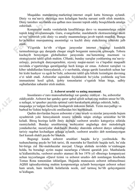 imkoniyati mavjud. internetning «liminal makon»i ma’naviy yoki diniy tajribaga (absorbsiya, asketlik, eskapizm, yagonalik, muloqot) yangi imkoniyatlar ochib bermoqda. hozirgi kunda ofisda faoliyat yurituvchilar hayot tarziga monand 10 daqiqali ma’naviy mashqlar tajriba orttirishga imkon beradi. zamonaviy sufiylar internet orqali bunday aloqalar vositasida murshid va murid o‘rtasidagi o‘zaro munosabatlar yaxshilanayotganini e’tirof etadilar. internet-radio kabi yangi texnologik imkoniyatlar yordamida tinglovchilarni «psixonavigatsion sayohatga» chorlaydilar. kompyuter-media vositalari diniy amaliyotga chuqur singib ketishi natijasida kibermakon muhim rituallar maydoniga hamda muayyan dinga targ‘ib qilish manbai va vositasiga aylangan. bundan tashqari jamiyatdan uzoqlashgan ma’lum bir yoshlar va ayollarni kiber-ma’naviyat rasmiy ibodatxonalardan ko‘ra ko‘proq o‘ziga jalb etadi. amaliy so‘rovlar esa mazkur jarayonlar kelajakda yoshlarni qamrab olishini ko‘rsatgan. ammo ba’zilar internet jonli, ta’sirchan ma’ruza bilan bellasha olmasligini ta’kidlaydi. shuningdek, onlayn-jamoalar tez suratlar bilan o‘zgarayotgan dunyoda «to‘g‘ri yo‘l»da bo‘lishning amaliyoti qanday bo‘lishiga oid savol va mulohazalarni muhokama qiluvchi muhim «maydon»ga aylandi. umumiy olganda kibermakon vaqt va makon chegarasini bosib o‘tish imkoniyatini …