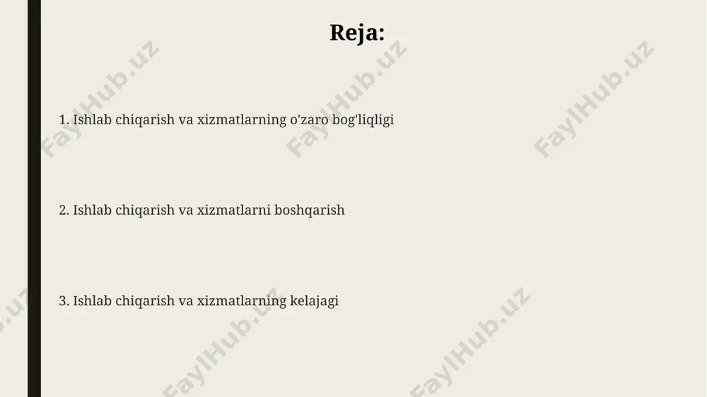 rni boshqarish toshkent shahridagi xizmat koʻrsatish sohasida 2022-yilgi maʼlumotlarga koʻra, 30% dan ortiq kompaniyalar mijozlarning raqamli kanallar orqali aloqaga oʻtishini kuzatdi, bu esa onlayn xizmatlarning rivojlanishiga turtki boʻldi. ishlab chiqarish jarayonlarini optimallashtirish uchun 2023-yilda oʻzbekistonning samarqand shahridagi korxonalar 5% ga yaqin samaradorlik oʻsishini qayd etdi, bu esa yangi texnologiyalar va xizmatlarni joriy etish bilan bogʻliq. fargʻona vodiysidagi 15 ta yirik ishlab chiqarish korxonasi 2024-yilga qadar iso 9001 sifat menejmenti tizimini joriy qilishni rejalashtirmoqda, bu esa mahsulot sifatini va xalqaro bozorlarda raqobatbardoshlikni oshirishga qaratilgan. ishlab chiqarish va xizmatlarning innovatsiyalari aqshning kaliforniya shtatida 3d-bosma texnologiyalarining qo'llanilishi tufayli individual buyurtmalarga moslashtirilgan mahsulotlar ishlab chiqarish muddati 50% ga qisqardi va narxi 15% ga arzonlashdi. 2022-yilda janubiy koreyada ishlab chiqarishda sun'iy intellektning qo'llanilishi 15% ga oshdi, bu esa samaradorlikni 10% ga oshirdi va ishlab chiqarish xarajatlarini kamaytirdi. germaniyadagi xizmat ko'rsatish sohasida blockchain texnologiyasining joriy etilishi 2023 yilda firibgarlik holatlarini 25% ga kamaytirdi va tranzaksiyalar tezligini …