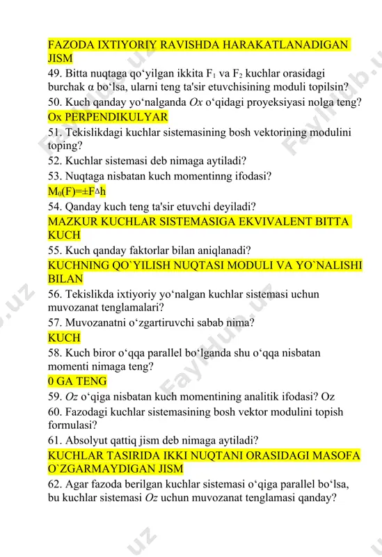 ikada nuqta harakati qanday usullarda beriladi? 3 hil tabiiy vektor koordinata 81. kinematika bo‘limida jismlarning harakatini tekshirishda nimalar hisobga olinmaydi? massa va kuch 82. nuqta harakati vektor usulda berilganda tezlik vektori qanday? v=dr/dt 83. mexanik harakat nima? jismning biror boshqa bir jismga nisbatan vaziyatining o`zgarishi 84. nuqtaning tezlanishi nima? tezlikning miqdor va yo`nalish jihatdan ifodalanuvchi kattalik 85. nuqtaning berilgan vaqtdagi tezligi qanday yo‘nalgan? troyektoriyaga urinma bo`ylab 86. nuqtaning radius vektori bilan tezlik vektori orasida qanday bog‘lanish bor? v=dr/dt 87. nuqta tezlik vektorining koordinata o‘qlariga proyeksiyalari nimaga teng? 88. nuqtaning radius vektori bilan tezlanish vektori orasida qanday bog‘lanish bor? ax = d2x/dt2 ay = d2x/dt2 az= d2x/dt2 89. nuqtaning radius vektori bilan tezlanish vektori orasida qanday bog‘lanish bor? ax = d2x/dt2 ay = d2x/dt2 az= d2x/dt2 90. qanday o‘qlar tabiiy o‘qlar deb ataladi? nuqta bn birgalikda harakatlanuvchi o`qlar 91. nuqta qanday harakat qilganda uning urinma tezlanishi nolga teng? tekis harakat 92. …