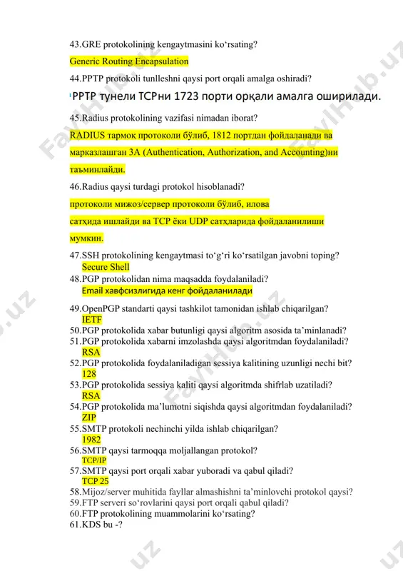 t infratuzilmasi (public key infrastructure, pki) standartidan foydalaniladi. pki, shifrlash va elektron imzolar uchun zarur bo'lgan kalitlarni boshqarish va tarqatishni o'z ichiga oladi. 71. ssl/tls protokoli qanday arxitekturaga asoslanib ishlaydi? 72. ssl protokolining sslv3.0 versiyasi qachon yaratilgan? 1996-yilda yaratilgan 73. tls protokolining 1.2 versiyasida qanday o'zgartirishlar kiritilgan? 74. tls protokoli tarkibida foydalanilgan alert protokolida necha xil ogohlantiruvchi signallar mavjud? 75. kriptografik protokollarda ishtirokchilar tomonidan qanday ammallar bajarilishi mumkin? 76. ssh protokoli yordamida autentifikatsiyalash jarayonida kalit uzunligi qanchi bit bo‘ladi? ушбу усул ssh тизимида кенг фойдаланиладиган аутентификациялаш усулларидан биридир. бунда калит узунлиги 1024 битдан 2048 бит оралиғида бўлади. 77. ipsec protokolining tashkil etuvchilarini ko‘rsating? 78. smtp qaysi port orqali xabar yuboradi va qabul qiladi? smtp (simple mail transfer protocol) xabar yuborish uchun asosan ikkita portdan foydalanadi: - **port 25:** bu eng ko'p ishlatiladigan smtp porti bo'lib, serverlar o'rtasida elektron pochta xabarlarini uzatishda ishlatiladi. biroq, spamni kamaytirish maqsadida ko'plab internet xizmat ko'rsatuvchilar …