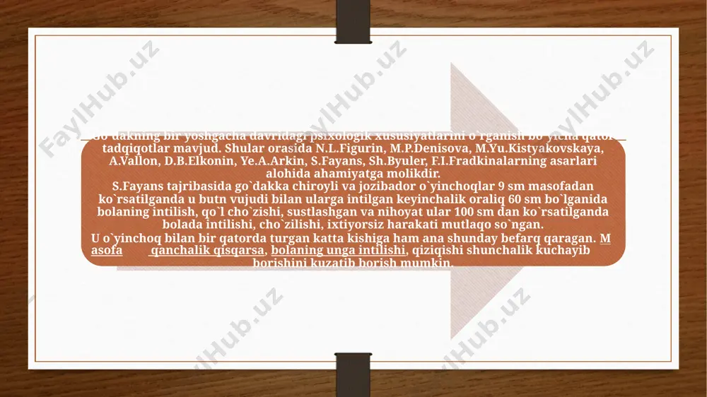 yaqqol ko`rinadi. ta`sirlanish his-tuyg`usi “jonlanish majmuasi” bilangina emas, balki uning alohida tarkibiy qismlari (tovush, chehra va hokazolar) ta`sirida ham vujudga keladi. ta`sirlanish tuyg`usi keyinchalik tanlovchanlik xususiyatini kasb etib, faqat ayrim (yaqin, tug`ishgan) kishilarga nisbatangina hosi bo`ladi. o`zgalar nutqini tushinish ko`ruv idrokining zamirida vujudga keladi. bolani o`zgalar nutqini tushinishga o`rgatishda katta odamlar biror o`yinchoqdan ta`sirlanishi hosil qiladigan qo`zg`atuvchini uyg`otadi. image5.png image6.png image7.png image8.png image3.png image4.png /docprops/thumbnail.jpeg