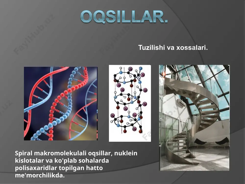 dir oqsillar va peptidlar oqsilning uchlamchi strukturasi turli xil imkoniyatlari krambina proteinining tuzilishi ko'ring. bir fazoviy vahiyning bir tarkibiy formula. b - bir hajmi modeli shaklida tuzilishi. b - molekulaning oliy tuzilishi. d - imkoniyatlari a va b birikmasi d - oliy tuzilishi soddalashtirilgan vakillik. e - disülfid ko'prik bilan oliy tuzilishi. osillar va peptidlar oqsillarninf ion bog’lanishi. oqsillar va peptidlar. oqsildagi disulfid bog’lanish oqsillar globulin oqsili yumaloq tuzilishi albumin (tuxum oqsili). chirigan tuxum hidi manbai - protein tanazzuli jarayonida tez vodorod sülfidin hosil tizim bo'yicha disülfid ko'prik hozirgi sulfgidridnye bepul hs-guruhlar, tarkibida qo'shimcha ravishda. disülfid ko'prik ko'p yanada barqaror va oqsil kengaytirish vodorod sülfidin hosil emas fibrilyar oqsillar fibrionning fibrilyar oqsili oqsilning to’rtlamchi strukturasi globulin oqsilining to’rtlamchi strukturasi oqsillar denaturatsiyasi yuqorituzilishdagi tuzilmalar fizik va kimyoviy omillar (yuqori harorat, kislota, ishqor va b.) taʼsirida quyi tuzilishdagi shakllarga qaytadi (bu hodisa oqsillar denaturatsiyasi deb ataladi), natijada ular oʻz biologik faolligini yoʻqotadi. …