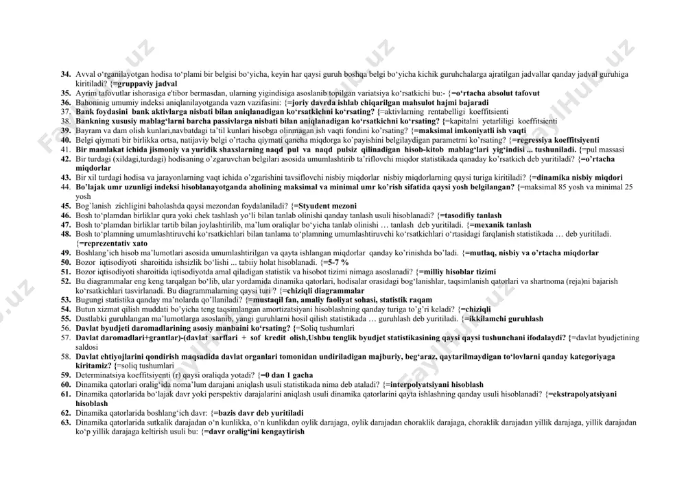 udligini ko’rsatadi? {=to`g`ri chiziqli 16. aholi daromadlarining taqsimlanishida tengsizlik darajasini qaysi ko’rsatkich ifodalaydi? {=djini koeffitsienti 17. aholi tamonidan sotib olinadigan, ma’lum belgilangan tovar va xizmatlar yig’indisi qiymatining o’zgarishini ifodalaydigan ko’rsatkichlar qaysi javobda to’g’ri berilgan? {=iste’mol baholar indeksi 18. aholi to’g’risida ma’lumotlar manbalarini ko’rsating? {=aholi ro’yxati, joriy xisoblar, maxsus kuzatishlar 19. aholining kelajakdagi soni nima uchun hisoblanadi? {=iqtisodiy ijtimoiiy rivojlanishni istiqbollash 20. aholining ma’lumotlilik darajasini aniqlash uchun aholining qaysi yosh qatlamlari hisobga olinadi? {=15 yosh va undan katta yoshdagi aholi 21. aholining mexanik o’sishi qay tartibda hisoblanadi {=ko’chib kelish va ko’chib ketish farqi 22. aholining o’rtacha yillik sonini aniqlashdan maqsad {=aholi turmush darajasini, mehnat resurslari salohiyatini, demografik jarayonini ifodalovchi ko’rsatkichlarni hisoblash 23. aholining savodxonlik darajasini aniqlash uchun aholining qaysi yosh qatlamlari hisobga olinadi? {=9 yosh va undan katta yoshdagi aholi 24. aholining sog`liqni saqlash, savdo muassasalari bilan ta`minlanish darajasi ko`rsatkichlari nisbiy miqdorlarning qaysi turiga misol bo`la oladi? {=intensivlik nisbiy miqdori 25. …