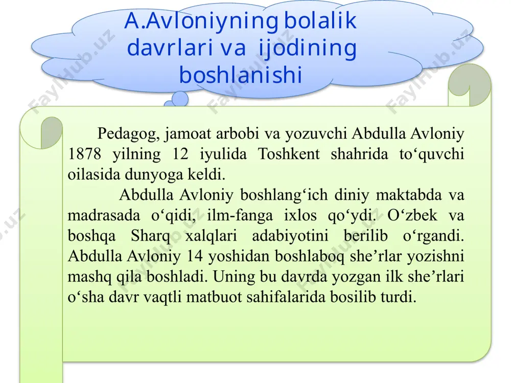 , turli o’quv yurtida dars berdi. a.avloniy - dramaturg abdulla avloniy oʻzbek adabiyotida drama janrining rivojlanishiga ham katta hissa qoʻshdi. uning “advokatlik osonmi?”, “pinak”, “biz va siz” pesalari adabiyotimiz tarixida oʻchmas iz qoldirdi. 10 a.avloniyning pedagogik qarashlari u insonga xos xulqni ikkiga ajratadi. “yaxshi xulqlar” deb nomlangan birinchi qismida 31 fazilat, “yomon xulqlar” deb atalangan ikkinchi qismda 20 illatga ta’rif beradi. “muxtasar tarixi anbiyot va tarixi islom” asari boshlang’ich maktablarning o’quvchilariga mo’ljallangan. 1933 yilda o’zbek maktablarining 7-sinfi uchun “adabiyot xristomatiyasi” tuzib, nashr ettirdi. u insonga xos xulqni ikkiga ajratadi. “yaxshi xulqlar” deb nomlangan birinchi qismida 31 fazilat, “yomon xulqlar” deb atalangan ikkinchi qismda 20 illatga ta’rif beradi. a.avloniy tarbiya haqida tarbiya biz uchun yo hayot - yo mamot - yo halokat, yo saodat – yo falokat masalasidir. tug’ib tashlash bilan bo’lmas bola, bo’lg’ay balo sizga, vujudi tarbiyat topsa bo’lur ul rahnamo sizga. temirchining bolasi tarbiyat topsa, bo’lur olim, buzilsa xulqi, …