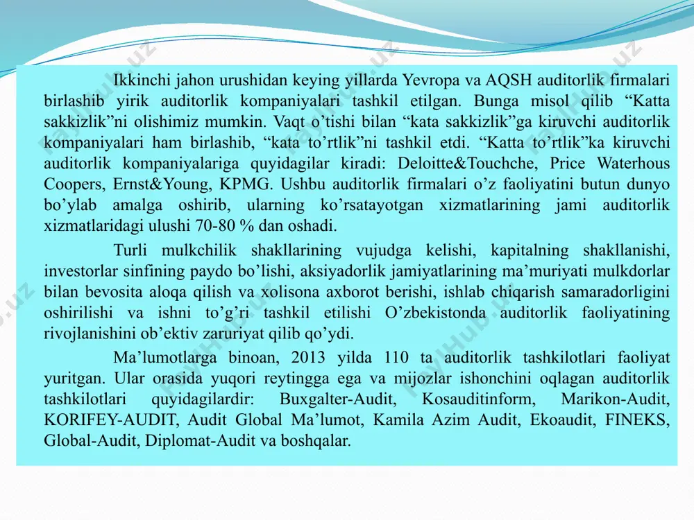 ha yangi passiv manbalarni jalb qilish, to’lov qobiliyatini mustahkamlashga doir vazifalarni mijoz-xo’jalik yurituvchi sub’ekti hal qiladi xo’jalik yurituvchi sub’ekti aktivlarining saqlanishi, suiste’mol qilishlarning oldini olish va to’sqinlik qilish bo’yicha vazifalarni xo’jalik tizimi hal qiladi. etarlilik darajasiga ko’ra xarajatlar va natijalar nisbatiga qarab oqilona etarlilik prinsipi amal qiladi eng yuqori darajadagi aniqlik va aybdor shaxslarni, so’ralgan zarar ko’lamini aniqlash prinsipi amal qiladi natijalariga ko’ra auditorlik hisoboti va auditorlik xulosasi tuzish bilan yakunlanadi taftish dalolatnomalari, tashkiliy xulosalar, jarima solish, majburiy ko’rsatmalar va ularning bajarilishini tekshirish auditning predmeti xo’jalik yurituvchi sub’ektlar, ularning faoliyatlari hisoblanadi. audit maxsus fan sifatida ma’lum maqsadga qaratilgan va bir qancha vazifalarni bajaradi. ma’lumki xo’jalik yurituvchi sub’ektlari o’z ustavlariga asosan faoliyat yuritadilar. ushbu faoliyat jarayonida moliyaviy, moddiy va mehnat resurslaridan foydalaniladi. xo’jalik yurituvchi sub’ektlarning aktivlari doimiy ravishda daromad, foyda olishga qaratilgan bo’ladi. lekin, ushbu natijalarga faqat qabul qilingan qonun-qoidalarga to’liq amal qilgan holda erishish mumkin. xo’jalik yurituvchi sub’ektlar o’z faoliyatlarida …