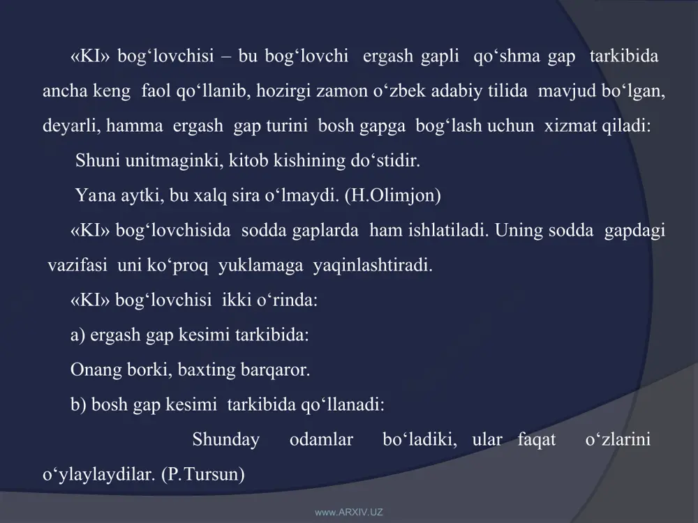 kan, deb suratinga boqaman to‘ymay. v) pyt ergash gap +bosh gap bahor keldi deguncha, eshon bir yoqqa jo‘naydilar. (p.tursun) g) aniqlovchi ergash gap +bosh gap: hisobli do‘sg‘ ayrilmas, degan gap bor. b) feolning sifatdosh ,ravishdosh, harakt nomishakllari ergash gapni bosh gapga bog‘lovchi asosiy grammatik vositalardan hisoblanadi. feolning funksional formalari ergash gapning kesimi ergash gapning kesimi vazifasida keladi. www.arxiv.uz www.arxiv.uz 1. sifatdosh ning –gan, -r,(ar) affiksini olgan shakllari ergash gaplarning kesimi bo‘lib, keladi va egalik, kelishik qo‘shimchalari , ko‘makchilar bilan birga qo‘llanadi: - kunlar isigan sari, ko‘katlar ham quyuqlashar, o‘sib, ulg‘ayib, chiroyiga chiroy qo‘shardi. (sh.rashidov) jaxl kelganda, aql ketar. (maqol) rais gap boshlagandan keyin, zalda shovqin tindi. (a.q.) tong otar-otmas, biz yo‘lga chiqdik. nazokat shunday hayollar bilan kelarkan, birdan qulog‘iga g‘alati ovoz kirdi. (s.ahmad) -umrzoq ota nasihat qilgani bilan, oyqiz ko‘nmadi. (sh.rashidov) 2. ravishdosh orqali birikish. ravishdoshning hamma shakli qo‘shma gapda ergash gap kesimi tarkibida kelib, uni bosh gapga bog‘laydi. - …