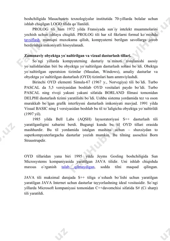 yaratilgan. ushbu unix operatsion tizimi va dasturlash tilining mualliflari amerikalik dasturchilar dennis richi va kennet tompsonlardir. dastlab kennet tompson unix operatsion tizimini fortran tilida yozgan. keyinchalik s tili ishlab chiqilgandan so`ng, 1973 yilda operatsion tizimning yadrosi yordamchi dasturlar(utilita programmalar)i bilan s tilida qayta yozildi. bu yuqori darajali tarkibli (strukturniy) dasturlash tilidir. bugungi kunda bu til nafaqat operatsion tizimlar, balki translyatorlar, tizimli va amaliy dasturlar ishlab chiqishda qo`llaniladi. sun`iy intelekt tillari o`tgan asrning 90-yillarida “sun`iy intelekt” nomli beshinchi avlod kompyuterlari ishlab chiqarilishi rejalashtirilgandi. bu ishni asosiy dasturlash tillarida amalga oshirish amri mahol edi, shu sababli loyihada sun`iy intelekt tillari sifatida lisp va prolog tillari tanlandi. lisp dasturlash tili (1956-1959 yillar) asoschisi jon makkarti bo`lib, u sun`iy intelektning otasi hisoblanadi. aynan u birinchi bo`lib “sun`iy intelekt” atamasini ishlatgan. lisp tilida asosiy element rekursiv ajratilgan funksiyalar tushunish bo`lgan. istalgan algoritm bir nechta rekursiv bilan funksiyalar to`plami vositasida izohlanishi isbotlangan. ushbu tilning asosiy g`oyalari …