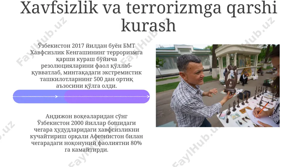 . aqsh oʻzbekistonga 2001-yildan beri 1 milliard dollardan ortiq yordam berdi, asosan, demokratiya, inson huquqlari va iqtisodiy rivojlanish sohalariga yoʻnaltirildi. mustaqillikdan keyingi oʻzbekistonning tashqi siyosati oʻzbekistonning tashqi siyosati "oʻzbek modeli" deb nomlangan neytrallik tamoyiliga asoslanadi, bu mintaqadagi barqarorlikni taʼminlashga va qoʻshni davlatlar, xususan, afgʻoniston bilan munosabatlarni rivojlantirishga qaratilgan. 2000-yillardan boshlab oʻzbekiston xitoy, rossiya, janubiy koreya kabi yirik davlatlar bilan iqtisodiy hamkorlikni kengaytirdi, savdo hajmi sezilarli darajada oshdi, bu esa mamlakat iqtisodiyotini modernizatsiyalashga yordam berdi. oʻzbekistonning geografik joylashuvi va geosiyosati oʻzbekistonning amir temur va buxoro amirligi kabi tarixiy davlatlarga boy tarixi, mintaqadagi madaniy va siyosiy ta’sirini asrlardan buyon 1000 yildan ortiq davom etayotganligini koʻrsatadi. mamlakatning strategik joylashuvi, xitoy, rossiya va janubiy osiyo davlatlari oʻrtasida muhim savdo yoʻllarini nazorat qilish imkoniyatini beradi, bu esa 21-asrda global iqtisodiyotda uning rolini kuchaytiradi. markaziy osiyodagi mintaqaviy hamkorlik markaziy osiyo davlatlari o'rtasidagi savdo aylanmasi 2022 yilda 7 milliard aqsh dollaridan oshdi, bu mintaqaviy hamkorlikning kuchayishini ko'rsatadi, …