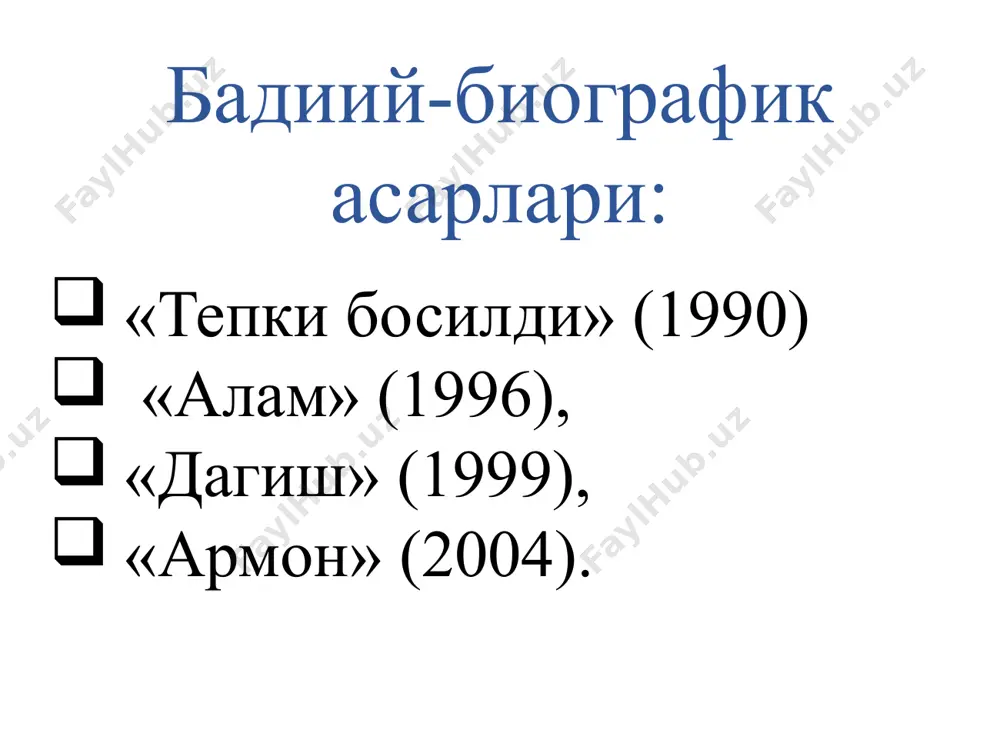 амунасини кўрсатди. иброҳим раҳимнинг “генерал раҳимов”, юсуф шомансурнинг “қора марварид” романларига ёзилган тақризлар ҳам шундай характерга эга. 1. ойбек маҳорати.т.: ўздавнашр.1965. 3. маҳорат сирлари.т.: ғ.ғулом номидаги бадиий адаб. наш. 1968.(у.норматов билан ҳамкорликда). 4. ҳаёт ва нафосат.т.: адабиёт ва санъат.1970. 5. ижод сабоқлари.т.: адабиёт ва санъат.1973. 6. абдулла қаҳҳор ижодида сатира ва юмор. т.: "фан". 1973. 7. маъно ва мезон. т.: адабиёт ва санъат.1974. 8. ойбек.т.: "фан".1976. 9. маҳорат масъулияти.т., 1977. 10 .моҳият ва бадиият.т.: адабиёт ва санъат.1977. 11. қалб ва қиёфа.т.: адабиёт ва санъат.1978. 12. садриддин айний ва ўзбек адабиётининг шаклланиши. т., 1979. 13. танланган асарлар. икки жилдлик.т.: адабиёт ва санъат.1985. 14. абдулла қаҳҳор маҳорати.т.,1988. 15. ўзбекнинг ўзлиги.т.: "мерос".1994. 16. абдулла орипов.т.: "маънавият". 2000.(сувон мели билан ҳамкорликда). 17. қодирий – эрксизлик қурбони. – тошкент: фан, 1992. – 96 б. 18. дийдор. – тошкент: шарқ, 2004. – 136 б. 19. кўнгилда қолиб кетган гаплар. т.: маънавият. 2006. салоҳиддин мамажонов (1931-2005) - …