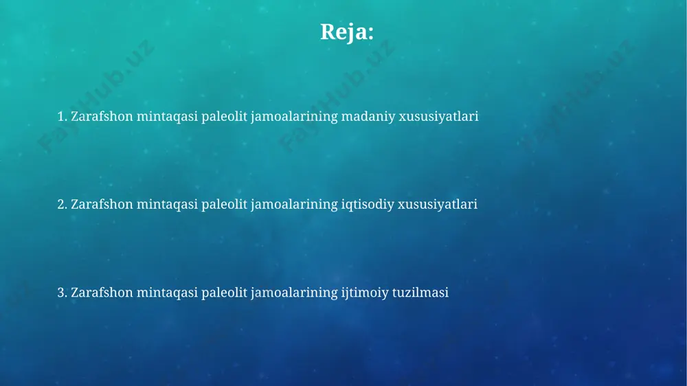 ardan, jumladan, janubiy osiyodan koʻchib kelganini koʻrsatadi. texnologiya taraqqiyoti va asboblarning takomillashuvi zarafshon vodiysida topilgan paleolit davriga oid tosh asboblarning tahlili shuni ko'rsatadiki, taxminan 30 000-40 000 yil avval o'tkirlashtirilgan cho'qqili va qirg'ichli asboblarning foydalanishi sezilarli darajada oshgan. o'rta paleolit davrida (taxminan 100 000 yil oldin) zarafshonning janubiy hududlarida topilgan qo'l boltalarining morfologik xususiyatlari, shuningdek, ularning ishlov berish texnologiyalari sharqiy afrika misollariga o'xshashligini ko'rsatadi. kelajakdagi tadqiqotlar зарафшон водийсидаги палеолит даврларига оид 10 тадан ортиқ янги артефактларни топиш ва уларни 14c усули билан аниқроқ даврлаш мақсадида кенг кўламли археологик қазиш ишларини олиб бориш режалаштирилган. зарафшон минтақасидаги палеолит ёдгорликларининг генетик тадқиқотларини амалга ошириш учун днк таҳлилига мос 50 тадан ортиқ намуна йиғиш ва днк анализи учун хорижий лабораториялар билан ҳамкорлик қилиш. zarafshon paleolitida topilgan asboblar zarafshon vodiysi paleolit yodgorliklaridan topilgan tosh asboblarning aksariyati, taxminan 200 000 – 10 000 yillar oralig'ini qamrab oluvchi davrlarga mansub bo'lib, asosan cho'kindi jinslarda uchraydi. zarafshonning qiziltepa …