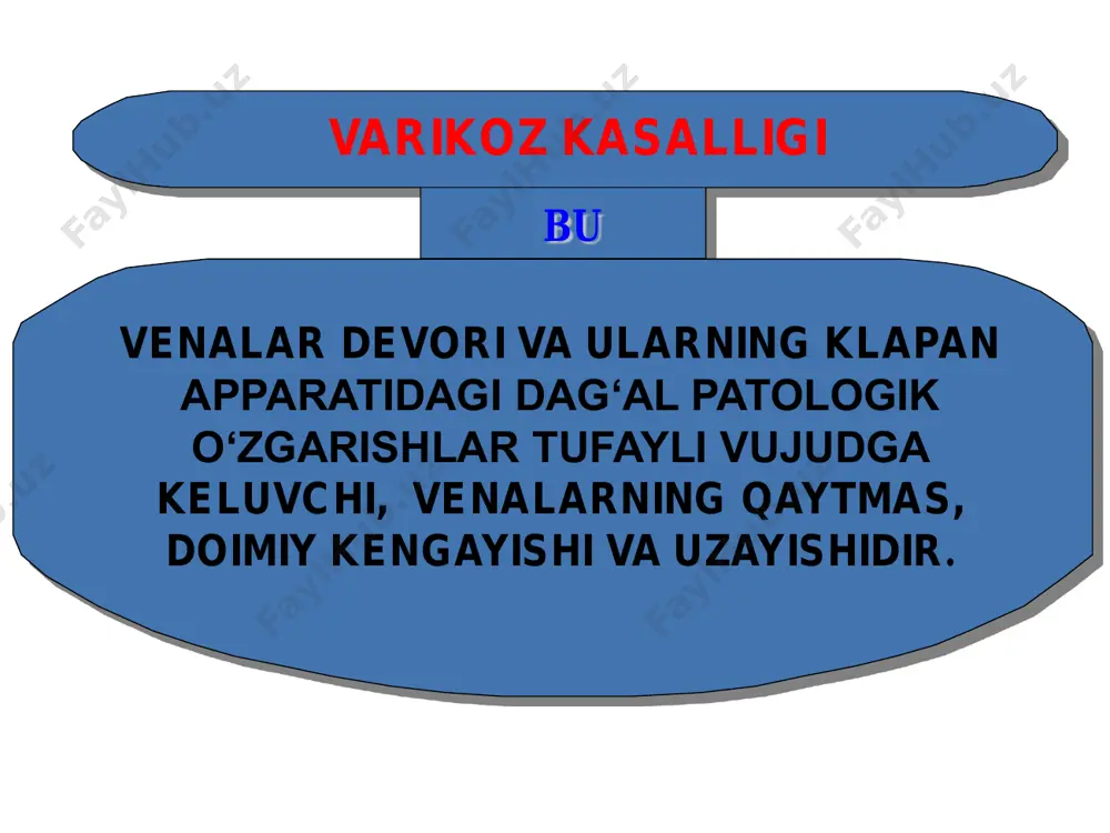 ndflesh operatsiyasi (1908) madelung operatsiyasi (1884) keller operatsiyasi (1905) tarix tarix 1852 – rudolf virchow – “nemis tibbiyotining rim papasi”, venoz trombozning etiologik triadasini o„ritib o„tgan, hozirgi kunda u virxov triadasi deyiladi. 1859 – karl hueter germaniyada oyoqning venoz gangrenasi bo„yicha birinchi holatni yoritib o„tgan. 1868 – p. girsztowt (varshavadan) katta varikoz vengaygan venalarni kesib olib tashlash lozimligini tavsiya qilgan. rudolf ludwig karl virchow (1821-1902) tarix 1884 y. – madelung chov burmasidan to medial to„piqqacha bo„lgan (vena proeksiyasi bo„ylab) yagona lampas kesma orqali varikoz o„zgargan venalarni olib tashlagan. nikolay vladimirovich ekk (1849-1908) otto wilhelm madelung (1846-1926) 1877 й. – ekk v. portae и v. cava inferior orasida birinchi eksperimental anastomoz qo„ygan (ekk fistulasi). tarix 1888 y. – troyanov birinchi bo„lib katta teri osti venasini bog„lagan. 1890 y. – trendelenburg xuddi shunday amaliyotni bajargan. aleksey alekseevich troyanov (1848-1916) friedrich trendelenburg (1844-1924) таriх 1906 y. – narat madelung taklif qilgan yagona kesma …