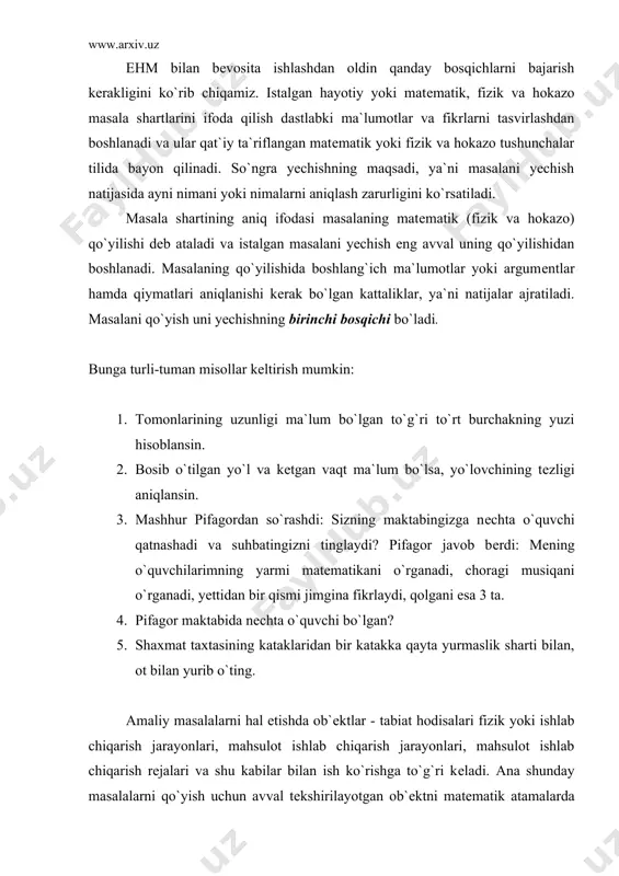 i bilan, ot bilan yurib o`ting. amaliy masalalarni hal etishda ob`еktlar - tabiat hodisalari fizik yoki ishlab chiqarish jarayonlari, mahsulot ishlab chiqarish jarayonlari, mahsulot ishlab chiqarish rеjalari va shu kabilar bilan ish ko`rishga to`g`ri kеladi. ana shunday masalalarni qo`yish uchun avval tеkshirilayotgan ob`еktni matеmatik atamalarda tavsiflash, ya`ni iloji bo`lsa uning matеmatik modеlini (ifodasini) qurish kеrak, bu ifoda esa haqiqiy ob`еktni tеkshirishni matеmatik masalani yechishga kеltirish imkonini bеradi. modеlning haqiqiy ob`еktga moslik darajasi amaliyotda tajriba orqali tеkshiriladi. tajriba qurilgan modеlni baholash va lozim bo`lgan holda uni aniqlashtirish imkonini bеradi. bu bosqich masalalarni ehmda yechishning ikkinchi bosqichini tashkil qiladi. shuni ta`kidlash lozimki, har doim ham qo`yilgan masalani matеmatik modеlini yaratib bo`lavеrmaydi. yuqorida kеltirilgan masalarni matеmatik modеllarini tuzamiz. birinchi masala uchun matеmatik modеl s ( a ( b ko`rinishidagi formuladan iborat. bunda boshlang`ich ma`lumotlar, tomonlar uzunligi a va b bo`lsa, natija to`g`ri to`rt-burchakning yuzi s dan iborat bo`ladi. ikkinchi masala uchun bosib o`tilgan …