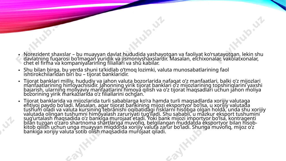 bilan ham shug’ullanishi mumkin. hozirgi sharoitda rasmiy valuta intervensiyasi deganda davlatning valuta bozoridagi valutaga bo’lgan talab va taklifni hamda kurslar nisbatini o’zgartira oladigan, bir maqsadga yo’naltirilgan faoliyati tushuniladi. biroq amaliyotda valuta intervensiyasi tushunchasi xorijiy valutaning milliy valutaga nisbatan oldi-sotdisi bilan bog’liq rasmiy shartnomalardan iborat (shu jumladan, davlat tashkilotlariga xizmat ko’rsatish, xalqaro valuta fondi bilan munosabatlar, valuta zaxiralari bo’yicha foiz to’lovlari, xorijiy valutada olingan qarzlar va shu kabilar). har qanday intervensiyaning hozirgi paytdagi yakuniy maqsadi – valuta bozorida muvozanatli sharoitni ta’minlash, valuta kurslarining keskin tebranishi ehtimolini bartaraf qilishdir. o’z navbatida, valuta bozorining barqarorligi mamlakatning tashqi iqtisodiy faoliyati va yalpi iqtisodiyotining rivojlanishini ta’minlashi lozim. har qanday davlat o’z iqtisodiyotining konkret xususiyatlaridan, tashqi iqtisodiy aloqalarda ishtirok etishi uchun uning ochiqlik darajasidan kelib chiqqan holda o’z valuta intervensiyasining vazifalarini belgilaydi. amaliyot shuni ko’rsatib turibdiki, hozirgi sharoitda davlatlar valuta bozoridagi o’z faoliyatida qisqa va uzoq muddatli maqsadlarni ko’zlamoqda. shu bilan birga, ular tomonidan valuta bozoridagi …