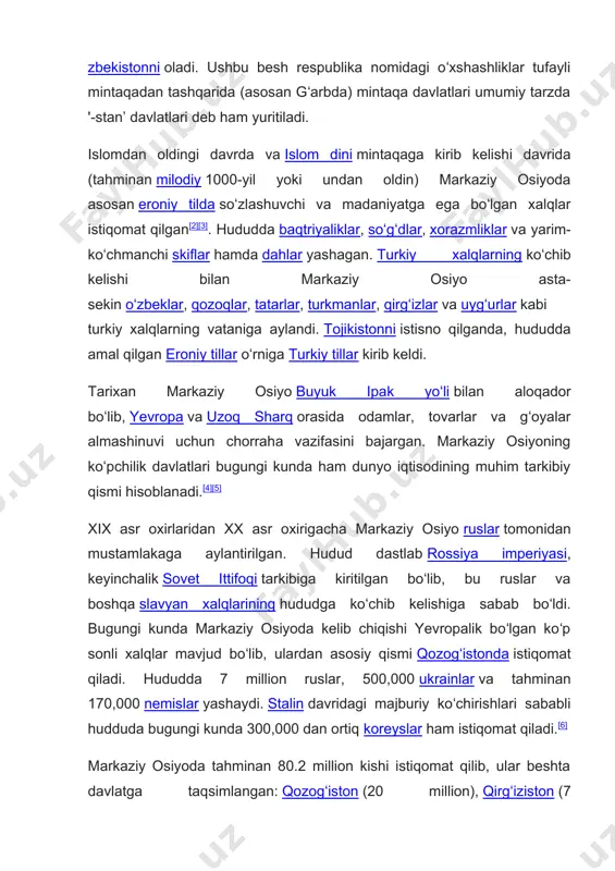 a fors bilan chegaradagi kopetdogʻning shimoliy yonbagʻirlarida joylashgan. kopetdogʻdan sharqda marv vohasi, shuningdek hirot va balx kabi muhim hududlar joylashgan. tyan-shan togʻlarining ikki tumshugʻi sharqdagi togʻlar orasida uchta oʻziga xos 'koʻrfazlarni' hosil qiladi. ularning ichida eng yirigi shimolda, sharqiy qozogʻistonda boʻlib, bu hudud tarixan yettisuv, yoki semirechye (ruscha: semiréche) deb nomlangan va bu hududda balxash koʻli joylashgan. oʻrtaliqda kichik, lekin zich aholiga ega boʻlgan fargʻona vodiysi joylashgan. janubda esa keyinchalik toxariston deb atalgan baqtriya joylashgan boʻlib, bu hudud janubda hindukush togʻlari bilan chegaralangan. sirdaryo (yaksart) fargʻona vodiysida boshlansa, amudaryo (oks) baqtriyada boshlanadi. bu daryolarning har ikkisi ham shimoli-gʻarbga, orol dengiziga qarab oqadi. amudaryo orol dengiziga quyiladigan joyida yirik deltani hosil qiladi va bu hudud xorazm, keyinchalik xiva xonligi deb atalgan. amudaryo shimolida nisbatan notanish, lekin samarqand va buxoro kabi savdo-sanoat markazlarini suv bilan taʼminlovchi zarafshon daryosi joylashgan. mintaqadagi yana bir yirik savdo markazi toshkent boʻlib, bu shahar fargʻona vodiysiga kirish …