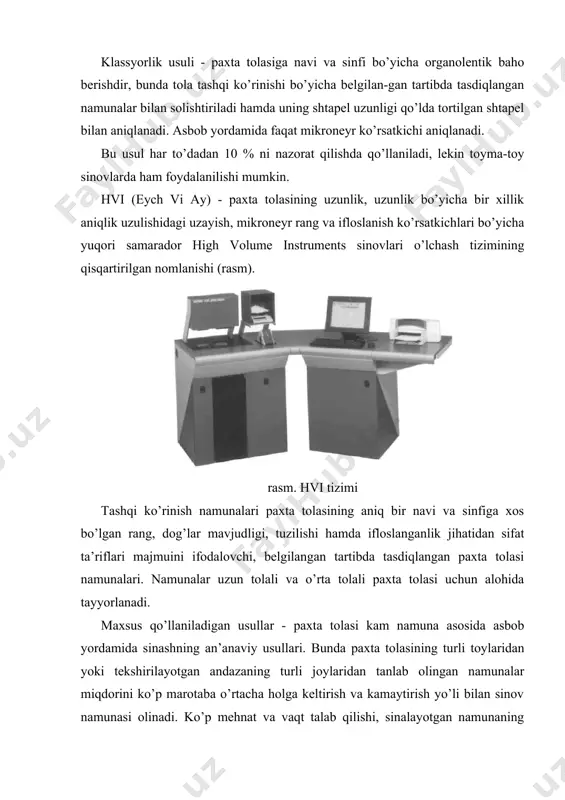 yuqori o’rtacha uzunlik - upper half mean length (uhm) -tekshirilayotgan namuna massasining yarmini tashkil qiluvchi eng uzun tolalarning o’rtacha uzunligi bo’lib, duymda yoki mm da ifodalanadi. bu atama mazmuni «yuqori yarim o’rtacha uzunlik» deb qilingan noto’g’ri tarjimasidan ham ma’lum. 1/32 dyuymdan iborat shtapel uzunlik - staple length 32nds (staple) tolaning uzunligi bo’lib, u klassifikator tomonidan qo’lda tortilgan parallel tolalar shtapelini vizual, ya’ni ko’z bilan ko’rib aniqlanadi va 1/32 duymda (masalan, 1/32), yoki kodda 1/32 oralig’iga barobar miqdordagi kodda aniqlanadi, ushbu misolda -33 ga barobar. o’rtacha uzunlik - mean leng th (ml) - namunadagi barcha tolalarning o’rtacha uzunligi. uzunlik bo’yicha bir xillik indeksi - uniformity index (unf) -tolalar o’rtacha uzunligining yuqori o’rtacha uzunlikka nisbati bilan belgilanuvchi ta’rif bo’lib, foiz hisobida ifodalanadi. kalta tolalar indeksi - short fiber index (sfi) - namunadagi uzunligi 0,5 duymdan (12,7 mm) kalta bo’lgan tolalar ulushi bo’lib, foiz hisobida ifodalanadi. nur qaytarish koeffitsiyenti - reflectance (rd) - …