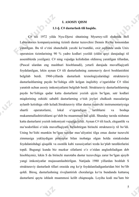 tashkil qilib, o’z rivojida aniq va tabiiy fanlar uchun zamin bo'lib xizmat qiladi. .net platformasida c# dasturlash tili c# dasturlash tili .net platformasining qadrdon tili hosoblanadi. tilni yaratishning asosiy maqsadi uni .net platformasiga integrallashuvi hisoblanadi. net platformasiga turli dasturlash tilida dasturlash mumkin bo`lsada eng yaxshisi c# dasturlash tilida dastur tuzishni maslaxat beramiz, chunki bu til muhitni barcha imkoniyatlarini maksimal ishlatadi. shunday ekan c# tili imkoniyatlarini bilish orqali muhit imkoniyatlarini ham bilib olamiz. bu til to`liq ob`ektga yo`naltirilgan dasturlash tili bo`lib, xatolarga bardoshli va chidamli dasturlarni tuzish imkoniyatini beradi. c# dasturlash tili o`zining soddaligi, barqarorligi va mantiqiyligi bilan faqr qiladi. unda xatolarni toppish noqulay ko`rinmaydi. c# tili tiplarga nisbatan xavfsiz hisoblanadi. u initsializatsiyalanmagan o`zgaruvchilarni ishlatishdan, tiplarni xavfsiz bo`lmagan o`tkazishdan va boshqa ko`p tarqalgan xatoliklardan himoyalaydi. c# dasturlash tilida dastur tuzish vaqt va moddiy sarf jihatdan yutuqli hisoblanadi. nihoyat c# .net platformasining barcha imkoniyatlari xususan umumiy va maxsus masalalarni yechish uchun ko`pgina …