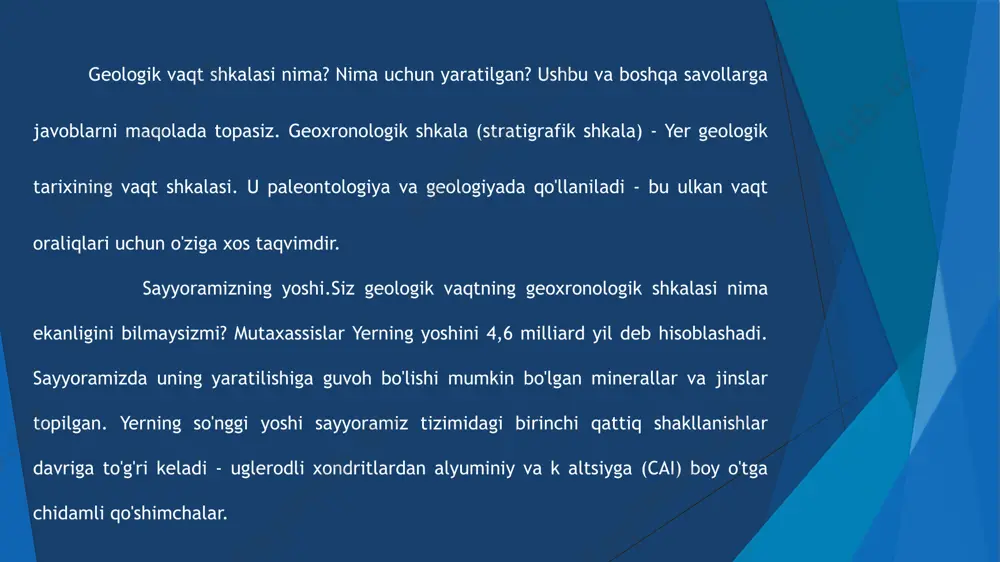 r boʻyicha nomlandi. eng ko'p ishlatiladigan geografik nomlar. shunday qilib, devon davri nomi angliyaning devonshir grafligidan, yura - evropa yura tog'laridan, perm - perm shahridan va kembriy - latdan kelib chiqqan. kembria, uels nomlari. vend, silur va ordovik bosqichlari qadimgi qabilalar nomi bilan atalgan. tog' jinslarining tarkibi bilan bog'liq nomlar juda kam qo'llanilgan. karbon davri ko'mir qatlamlarining ko'pligi sababli, bo'r - bo'r yozish ommalashgani uchun shunday nomlandi. geologik vaqt shkalasi jinslarning an'anaviy geognostik yoshini aniqlash uchun yaratilgan. mutlaq qarilikyillar bilan o'lchangan geologlar uchun ikkinchi darajali ahamiyatga ega. yerning hayoti ikki asosiy davrga bo'linadi: cho'kindi jinslardagi arxaik qoldiqlarning ko'rinishiga ko'ra kriptozoy (prekembriy) va fanerozoy. kriptozoyda faqat yumshoq tanali organizmlar mavjud bo'lib, cho'kindi jinslarda hech qanday iz qoldirmagan. bu hayotning ko'rinmas bosqichi. fanerozoy kembriy va ediakaran (vendian) burilishlarida mollyuskalar va boshqa organizmlar shakllari massasi paydo bo'lgan paytdan boshlandi, bu paleontologlarga qatlamlarni qazilma fauna va floraning topilmalariga ko'ra ajratish imkonini berdi. yerning geologik …