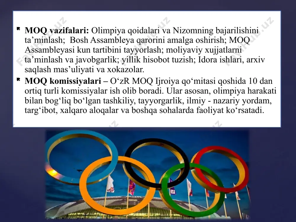 iz ishtirok etganligini inobatga oladigan bo‘lsak, o‘zbekistonlik paralimpiyachilar tomonidan bir yo‘la 10 barobar ko‘p litsenziyaning qo‘lga kiritilishi bundan keyingi bo‘lib o‘tadidan musobaqalarda yanada ko‘proq ishtirokchilar bo‘lishidan dalolat beradi. xix asrning oxirlarida yevropadagi mamlakatlar o‘rtasidagi xalqaro sport musobaqalari bora - bora rasmiy musobaqalar tusini oldi. bu esa turli sport uyushmalari (federatsiyalari)ni tashkil qilinishiga turtki bo‘ldi. buning oqibatida, xalqaro olimpiya o‘yinlarini tashkil qilishga davat etdi. 1894 yilga kelib esa xalqaro olimpiya qo‘mitasini tuzilishiga olib keldi. bunda buyuk mutafakkir per de kubertenning (fransiya) xizmatlari nihoyatda kattadir. hozirgi davrda xalqaro olimpiya qo‘mitasiga 200dan ortiq mamlakat a’zo bo‘lib kirgan. xalqaro olimpiya qo‘mitasi jaxon sport harakatini boshqaruvchi oliy tashkilotdir. uning vazifasiga xalqlar o‘rtasida jismoniy tarbiya va sportni keng targ‘ib qilish va xar 4 yilda bir marta olimpiada o‘yinlarini tashkil qilish kiradi. xalqaro olimpiya qo‘mitasining faoliyatini belgilab beruvchi asosiy xujjat xartiya (ustav) hisoblanadi. unda xalqaro olimpiya harakatining maqsadi va vazifalari, xuquq va burchlari belgilangan. shuningdek, unda xalqaro …