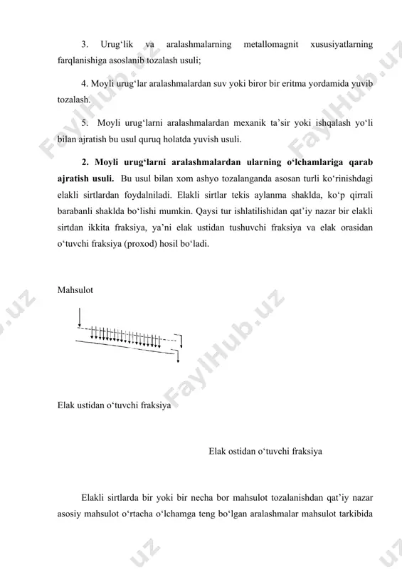 atish uchun metallik shtamplangan elaklar hamda tо‘qilgan elaklar ishlatiladi. metallik elaklarning teshiklar formasi doiro shaklida yoki chо‘zišroš shaklida bо‘lishi mumkin. doira shaklidagi teshikdan xom ashyo о‘zining kengligi bо‘yicha о‘tadi. uzunchoš shakldagi teshiklardan šalinligi bо‘yicha о‘tadi. l v a kungaboqar urug‘i a-kengligi, 1 – o‘zunligi, b -eni doira shaklidagi teshikli elaklar sanoatda keng šо‘llaniladi va umuman olganda metalli shtamplangan elaklar о‘zining chidamliligi bilan uzoš muddatda foydalanish imkonimi beradi, lekii metall elaklarning foydali ish koeffisiyentlari unchalik katta emas va 50-60 % atrofida k = 0,5-0,6. doira shaklidagi elaklarning о‘lchamlari 0,8-4,0 mm gacha bо‘ladi. о‘zunchoq formadagi teshiklarning о‘lchamlari esa v = 0,5-1,0 mm, 1 = 10-50 mm. tо‘qilgan elaklar temir, mis, kapron, neytron yoki oddiy iplardan tо‘qilgan bо‘lishi mumkin. teshiklarining shakli esa bu holda kvadrat bо‘ladi va tо‘qilgan elaklarniig avzalligi ularniig foydali yuza koeffiiiyenti katta ya’ni k-0,5-0,85, о‘lchamlari esa 0,6-0,9 mm bо‘ladi. ammo tо‘qilgan elaklarning mexanik chidamliligi past va tez uzilib ketganligi sababli …