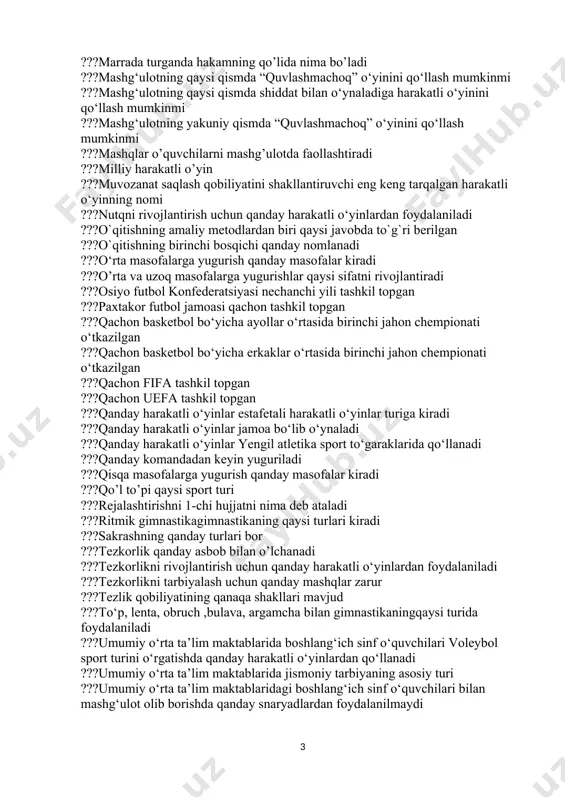 ko‘proq qaysi paytlarda qo‘llaniladi ???harakatli o‘yinlar qanday tabaqalashtiriladi ???harakatli o’yinlar darsning qaysi qismida o’ynaladi ???iaaf qaysi sport turini federatsiyasi ???ilk bor futbol ligasi paydo bolgan mamlakat ???jismoniy tarbiya o’qituvchilari uchun qaysi hujjat ishchi hujjat bo’lib hisoblanadi ???jismoniy tarbiya vazifalari ???jismoniy tarbiyani rivojlantirish haqida birinchi bo‘lib fikr yuritgan olim ???jismoniy tarbiyaning vositalaridan biri qaysi javobda to`g`ri berilgan ???korxonadagi gimnastika gimnastikaning qaysi turlari kiradi ???kross yengil atletikaning qaysi mashq turiga talluqli ???kuchni rivojlantirish uchun qanday harakatli o‘yinlardan foydalaniladi ???marafon yugurish ichiga qanaqa masofa kiradi ???marafon yugurish qaysi sport turiga kiradi ???marrada turganda hakamning qo’lida nima bo’ladi ???mashg‘ulotning qaysi qismda “quvlashmachoq” o‘yinini qo‘llash mumkinmi ???mashg‘ulotning qaysi qismda shiddat bilan o‘ynaladiga harakatli o‘yinini qo‘llash mumkinmi ???mashg‘ulotning yakuniy qismda “quvlashmachoq” o‘yinini qo‘llash mumkinmi ???mashqlar o’quvchilarni mashg’ulotda faollashtiradi ???milliy harakatli o’yin ???muvozanat saqlash qobiliyatini shakllantiruvchi eng keng tarqalgan harakatli o‘yinning nomi ???nutqni rivojlantirish uchun qanday harakatli o‘yinlardan foydalaniladi ???o`qitishning amaliy metodlardan biri qaysi javobda to`g`ri berilgan …