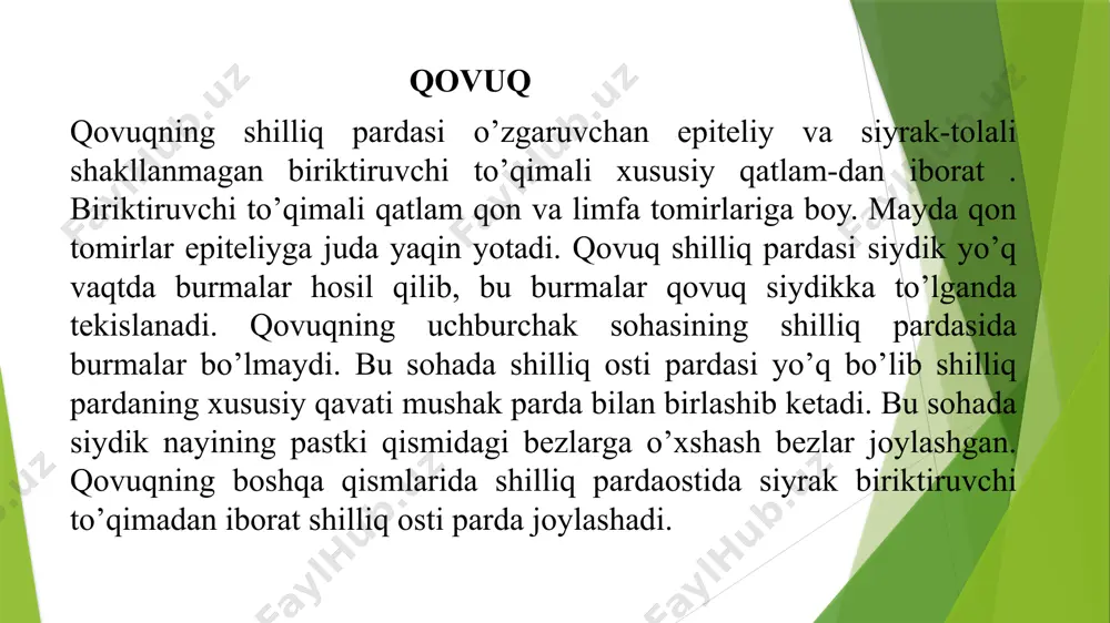 :oldingi pelvik (tos sohasidagi) radioterapiya. uzoq davom etgan siydik infektsiyalari: masalan, schistosoma haematobium parazit infeksiyasi (afrika va yaqin sharqda). siydik pufagining surunkali irritatsiyasi: kateterlar, toshlar, surunkali sistit. qovuq saratoni (urotelial karsinoma) patologik anatomik ko‘rinishlari: papillyar o‘sma shaklida (siqilgan, ko‘tarilgan o‘sma, sochdek yoki barmoqlik ko‘rinishda). solid infiltrativ shakl — qovuq devorini chuqur bosib kiradi. o‘smalar ko‘pincha sariq, kulrang, ba'zan qonashga moyil. o‘sma siydik pufagi devorini nobud qilishi (invaziv rak). gistologiyada: atipik ko‘paygan urotelial hujayralar, anizokarioz, giperxromiya ko‘rinadi. qovuq saratoni (urotelial karsinoma) makropreparat: odatda qovuq ichida papillyar yoki solid shaklda o‘suvchi o‘sma ko‘rinadi. rangi sariq-oq, ba'zida qon ketgan va nekrozlangan joylar bor. kattalashganda o‘sma qovuq devorini butunlay egallab olishi mumkin. mikropreparat: epiteliy qatlamida: atipik hujayralar (har xil o‘lcham va shakldagi hujayralar), yadro polimorfizmi (yadro shakli va o‘lchami turli), mitoslar ko‘payishi (ko‘payayotgan hujayralar), giperxromatik yadrolar (qattiq qoraygan yadrolar). bazal membrana buzilgan (invaziv shakllarda) qovuq toshlari (urolithiasis) etiologiyasi siydik yo‘llari infektsiyalari: bakteriyalar siydikni ishqoriy …