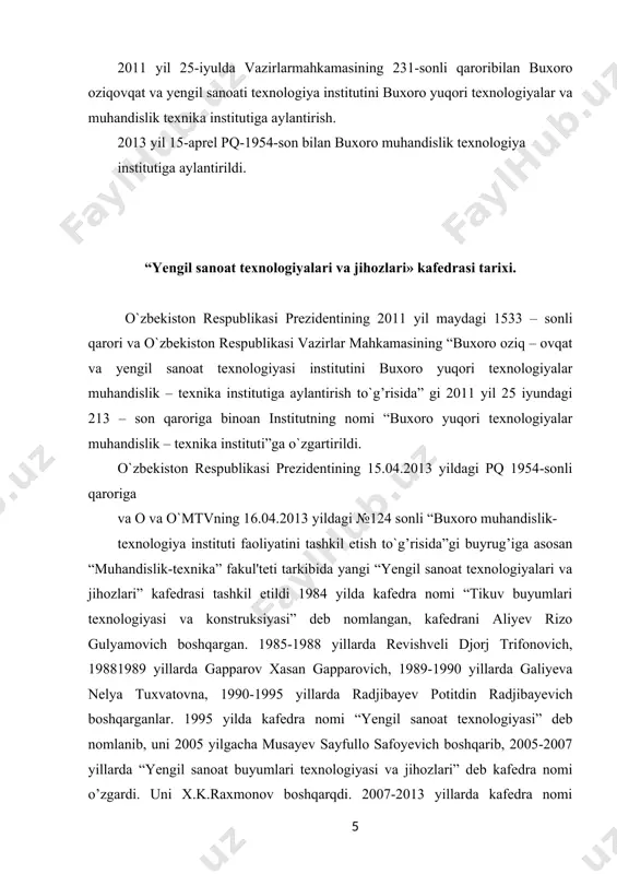 di. uni x.k.raxmonov boshqarqdi. 2007-2013 yillarda kafedra nomi “yengil sanoat buyumlari texnologiyasi” deb nomlanib, uni s.u. pulatova boshqaradi. 2013 yilda kafedra “yengil sanoat texnologiyalari va jihozlari” deb nomlanib, uni z. sh. to’xtayeva boshqardi. 2015 yildan hozirgi kungacha kafedrani texnika fanlari nomzodi, dotsent rashid xudoyberdievich nurboyev tomonidan boshqarmoqda. hozirgi kunda kafedra tomonidan ko`plab mutaxassislar tayyorlanib, ular viloyatimiz va respublikamizning kasb-hunar kollejlarida, yengil sanoat korxonalarida, servis xizmatini ko`rsatish korxonalarida turli lavozimlarda faoliyat ko`rsatib kelmoqdalar. yo’nalish va mutaxassislik haqida tushuncha oliy ta’lim yo’nalishlari tasniflagichi. oliy ta’lim yo’nalishlari va mutaxassisliklari klassifikatori oliy ma’lumotli kadrlar tayyorlash uchun bakalavriat ta’limi yo’nalishlari va magistratura mutaxassisliklarining tizimlashtirilgan ro’yxati. klassifikatorda ta’lim bosqichlari, bilim va ta’lim sohalari, ta’lim yo’nalishlari va mutaxassisliklari yettita raqamli kod bilan belgilanadi. ta’limining xalqaro «standart» klassifikatsiyasiga binoan ta’lim bosqichlari bakalavriat yo’nalishlarida 5 raqami, magistratura mutaxassisliklarida — 5a (raqam va harf) bilan belgilangan. masalan: bakalavrlar kodi 5140100, 5211300, 5520400 va hokazo; magistrlar 5a140101, 5a211301, 5a520403 va hokazo. …