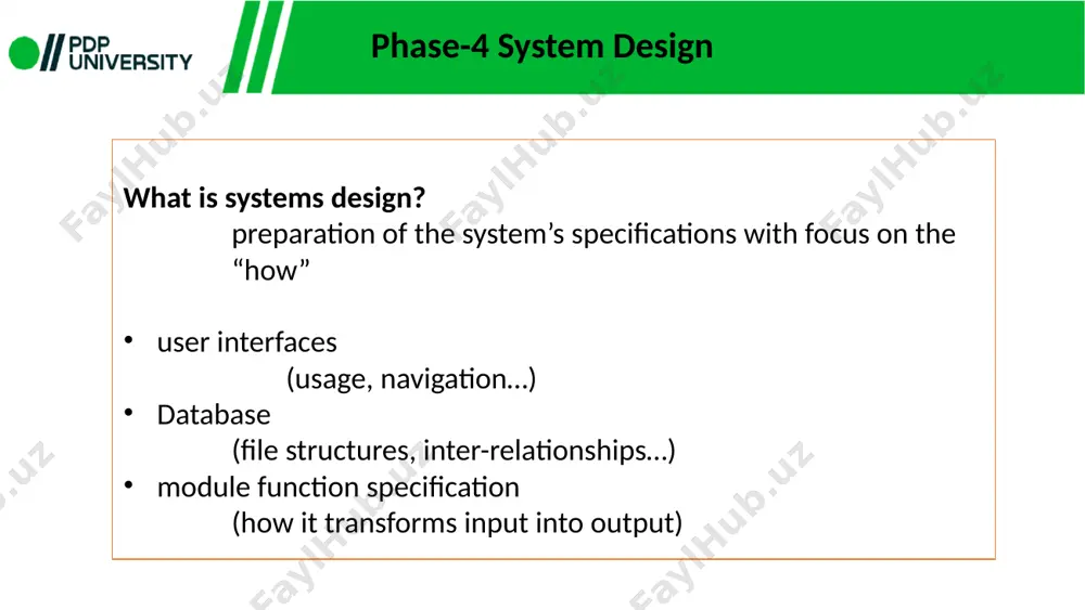 ata and software criteria for partitioning representing information, processing steps, control flow… separating function and data detail from abstractions designing in testability, maintainability achieving a complete, consistent, high-quality design the design process what to design considerations functional independence each module satisfies a small part of overall requirements each module has a small interface high cohesion (single-mindedness) and low coupling wasserman’s principles of data design use systematic analysis of data identify all data structures and the operations performed on each use a data dictionary to define data design top-down, do bottom up last represent data on a need-to-know basis develop reusable libraries of common data structures use abstract data types in design and implementation key principles of wasserman's data design: data abstraction : definition : data abstraction involves hiding the complexity of the data structure from the user or application. instead of exposing the underlying details of how data is stored, …