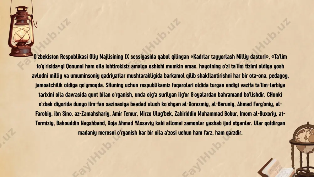 uflar allagachonlar juda chiroyli ta'riflab berganlar, ijtimoiy-estetik ideal ro'yobini oilada nafosat tarbiyasi bilan bog'liq holda ko'rganlar, "yosh avlod yangi idealni o'z joni va taniga ona suti bilan birga singdirgandagina bu yangi ideal g'alaba gozonadi", deganlar. bu mulohazalar va misol-lardan ko'rinib turibdiki, oilada nafosat tarbiyasi nihoyatda mu-himdir. shu nugtai nazardan aytganda, estetik idrok bir vagtning o'zida biron-bir xabarni qayta ishlash natijasi sifatida namoyon bo'ladi. u kishining mustaqil harakatiga turtki beradi, bu bilan o'zining passiv emasligini ko'rsatadi. shuni ham qayd etib o'tish lozimki, dunyoda idrok etilmay-digan narsa yo'q. obyektiv dunyo-dagi barcha narsa va hodisalar dialek-tik munosabatlarda ham go'zal, ham xunuk tarzda idrok etiladi. oilada farzand tarbiyasi farzandining axloq-odobiga, ta lim-tarbiyasiga e tibor berish, unga pand-nasihat qilish, yaxshi muomala qilish, mehr-shafqat ko'rsatish, sovg'a-salomda farzandlar o'rtasida adolat qilish va bunda ular o'rtasini ayirmaslik farzandlarning otalar zimmasidagi haqlaridandir oilada yosh_avlodni ota-ona namunasi oila an'analari,shajarasi,kasbkori ahloqiy—ma'naviy gadriyatlari asosida tarbiyalash, ular ongida oilaga sadogat, o'zaro mehr-muhabbat, hurmat …