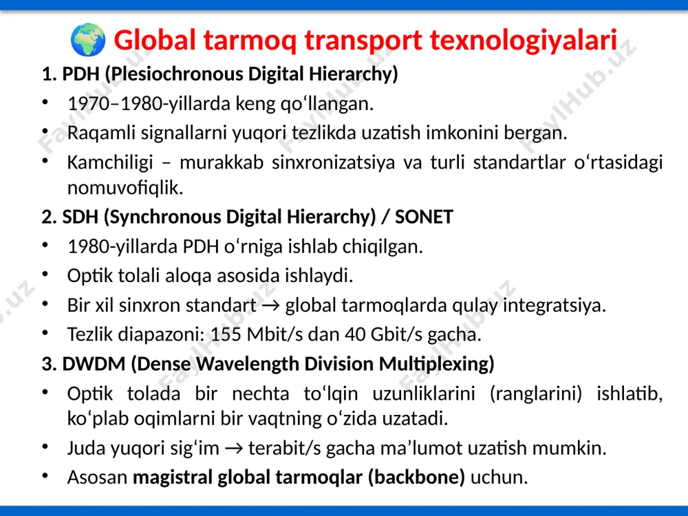 shqaruv rivojlanish tarixi transport texnologiyalari bosqichma-bosqich rivojlanib kelgan. texnologiya yil izoh x.25 1970-yillar dastlabki virtual kanallar frame relay 1980-yillar tezkor paket uzatish atm 1990-yillar multimedia uchun mpls 2000-yillar zamonaviy isp tarmoqlari glossary asosiy atamalar va ularning izohlari. atama izoh x.25 virtual kanal asosidagi klassik protokol atm asynchronous transfer mode mpls multi protocol label switching ldp label distribution protocol lsp label switched path nazorat savollari 1. virtual kanallar texnologiyalari qanday ishlaydi? 2. hdlc va ppp protokollari orasidagi farqlarni tushuntiring. 3. kirishga ruxsat berish texnologiyalariga misollar keltiring. 4. adsl texnologiyasi qanday ishlaydi? 5. pon texnologiyasi qanday afzalliklarga ega? 6. mpls texnologiyasining asosiy tamoyillari nimalardan iborat? 7. ldp protokoli qanday rol o‘ynaydi? 8. lsp monitoringi nima uchun muhim? 9. mpls asosidagi vpn qanday ishlaydi? 10. har bir transport texnologiyasining afzallik va kamchiliklarini sanab bering. xulosa transport texnologiyalari global tarmoqlarning asosiy tayanchi hisoblanadi. x.25, frame relay, atm, mpls va boshqa texnologiyalar tarixiy bosqichlarda o‘z …