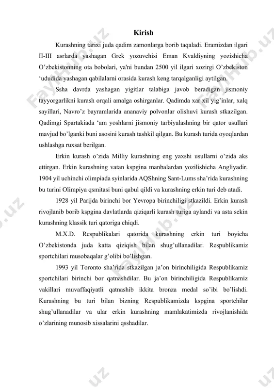 iqarli kurash turiga aylandi va asta sekin kurashning klassik turi qatoriga chiqdi. m.x.d. respublikalari qatorida kurashning erkin turi boyicha o’zbekistonda juda katta qiziqish bilan shug’ullanadilar. respublikamiz sportchilari musobaqalar g’olibi bo’lishgan. 1993 yil toronto sha’rida stkazilgan ja’on birinchiligida respublikamiz sportchilari birinchi bor qatnashdilar. bu ja’on birinchiligida respublikamiz vakillari muvaffaqiyatli qatnashib ikkita bronza medal so’ibi bo’lishdi. kurashning bu turi bilan bizning respublikamizda kspgina sportchilar shug’ullanadilar va ular erkin kurashning mamlakatimizda rivojlanishida o’zlarining munosib xissalarini qsshadilar. respublikamiz kspgina yetakchi murrabiylari sportchilarda egiluvchanlikni tarbiyalashda juda katta a’amiyat berib kelmoqdalar va bir qator muvaffaqiyatlarga erishmoqdalar. ilmiy tadqiqotlarning maqsad va vazifalari. metodik tadqiqotlarning maqsadi va vazifalari. sport ustalari va nomzodlari bilan 10 su’bat uyushtiriladi. 1. su’batdagi birinchi savol quyidagicha bo’ladi: mashg’ulotlar stkazish uchun kurashchilarni olayotgan egiluvchanlik sifatiga e'tibor bersizmi? 60 % ‘a javobini, 40 % ysq javobini beradilar. 2. siz o’z shogirdlaringizda necha yoshdan egiluvchanlikni rivojlantirishni boshladingiz? 50 % - 2-12 yoshdan, 30 % 8-9 yoshdan, …