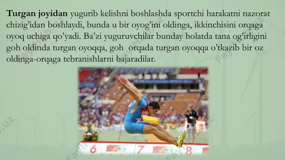 ish (cho’kkalashni bajarish) tavsiya qilinmaydi. yugurib kelish tezligi va sakrovchining og’irlik kuchi ta’sirida oyoqning o’zi tizza bo’g’imidan bukiladi va zo’riqtirilgan mushaklar cho’ziltirilganda depsinish samaraliroq bajariladi. bu sakrash qismi oyoq depsinish joyiga qo’yilgan paytdan boshlanadi. oyoq butun tagi bilan tashqi chekkasiga ko’proq bosilgan holda qo’yiladi. ba’zi sportchilar oyoqni tovondan boshlab qo’yadilar. ikkala holda ham oyoq kaftining 2-5 sm ga oldinga sirg’anishi sodir bo’lishi mumkin, ayniqsa bu oyoq tovondan qo’yilganda kuzatiladi, chunki unda tikanlar yo’q va u oldinga surilib ketishi mumkin. shuningdek, itariladigan oyoqni nooqilona qo’yish, ya’ni uom proekstiyasidan ancha uzoqroqqa qo’yish ham oyoqning surilishiga olib keladi. itariladigan oyoqni qo’yishning optimal burchagi – 70o atrofida bo’lib, oyoq bir oz tizza bo’g’imidan bukiladi. endi shug’ullanayotgan sakrovchilarga va oyoq kuchi yetarlicha rivojlanmagan sportchilarga oyoqni tizzadan sun’iy ravishda bukish tavsiya etilmaydi, chunki sakrovchi tayanch reaksiyasining knga ta’sir ko’rsatayotgan kuchlariga dosh bera olmasligi mumkin. amortizastiya fazasida (oyoqni tayanchga qo’ygan paytdan boshlab to vertikal paytigacha) sekundning birinchi …