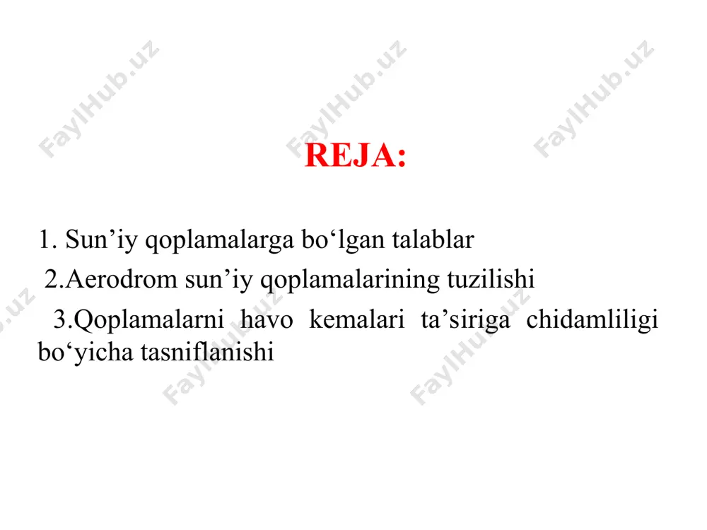 zasi changimaslik; hk sining g‘ildiraklari qoplama bilan yaxshi ilashishini ta’minlaydigan darajada ravonlik va etarli darajada g‘adir-budirlik; iqlimiy va gidrologik omillarga qarshilik; er yuzasi suvlarining grunt asosga o‘tishiga yo‘l qo‘ymaydigan suv o‘tkazmaslik xususiyati; reaktiv dvigatellarning chiqindi gazlari oqimiga chidamlilik; yonilg‘i va moylash materiallarining zararli ta’siriga bardoshlilik; qurilishining soddaligi, mexanizatsiya qo‘llanishi va tejamliligi; ta’mirlash va ekspluatatsiyada qoplamaga qarab turish ishlarining oddiyligi; mahalliy qurilish materiallarini ishlatish imkoniyati; katta tezlikli va og‘ir hk paydo bo‘lganda qayta qurish imkoniyatlari. sun’iy qoplamalarning konstruksiyasi hk larining hisobiy yuklamasi, tayanchlari sxemasi, aerodromni ekspluatatsiya qilish jadalligi, tabiiy grunt sifati kabi omillarga bog‘liq. sun’iy qoplamalar bir nechta qatlamdan iborat bo‘ladi; qoplamaning o‘zi – 1; tabiiy asos – 2; tabiiy gruntli asos – 3. birinchi ikkitasi ham, o‘z navbatida, bir nechta qatlam bo‘lishi mumkin. sun’iy va tabiiy asos ikkovi birgalikda qoplama asosini tashkil etadi qoplamaning o‘zi – yuqori qatlam bo‘lib, hk lari g‘ildiraklaridan yuklama oladi va tabiiy omillar ta’siriga bevosita uchraydi. …