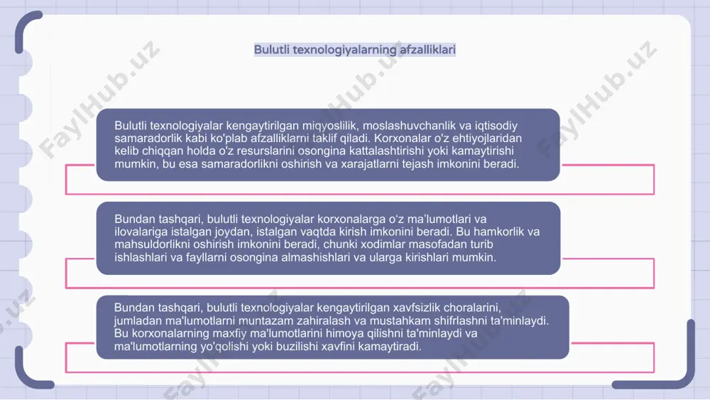 dan kirishni osonlashtiradi. bulutli saqlash yechimlari bulutli saqlash echimlari korxonalarga o'z ma'lumotlarini saqlash va ularga kirishning xavfsiz va kengaytiriladigan usulini taqdim etadi. bulutli saqlash bilan korxonalar fayllarni istalgan joydan, istalgan vaqtda osongina saqlashi va olishi mumkin. bundan tashqari, bulutli saqlash yechimlari ma'lumotlarning har doim mavjud va himoyalangan bo'lishini ta'minlab, ortiqcha ma'lumotlar zaxira nusxalarini taklif qiladi. 1 2 3 bulutli xavfsizlik bulutli texnologiyalardan foydalanishda bulut xavfsizligi muhim ahamiyatga ega. bu bulutli muhitda ma'lumotlar, ilovalar va infratuzilmani himoya qilishni o'z ichiga oladi. bulutdagi ma'lumotlar xavfsizligini ta'minlash uchun turli xil xavfsizlik choralari mavjud, masalan, shifrlash, kirishni boshqarish va muntazam tekshiruvlar. ammo shuni ta'kidlash kerakki, bulut xavfsizligi bulutli xizmat ko'rsatuvchi provayder va foydalanuvchi o'rtasidagi umumiy mas'uliyatdir va ikkala tomon ham ma'lumotlar xavfsizligini ta'minlash uchun choralar ko'rishi kerak. bulutli migratsiya strategiyalari bulutli migratsiya strategiyalari mahalliy infratuzilmadan bulutli xizmatlarga muvaffaqiyatli va samarali o'tishni ta'minlash uchun zarurdir. tashkilotlar ko'rib chiqishi mumkin bo'lgan bir nechta strategiyalar mavjud, jumladan, …