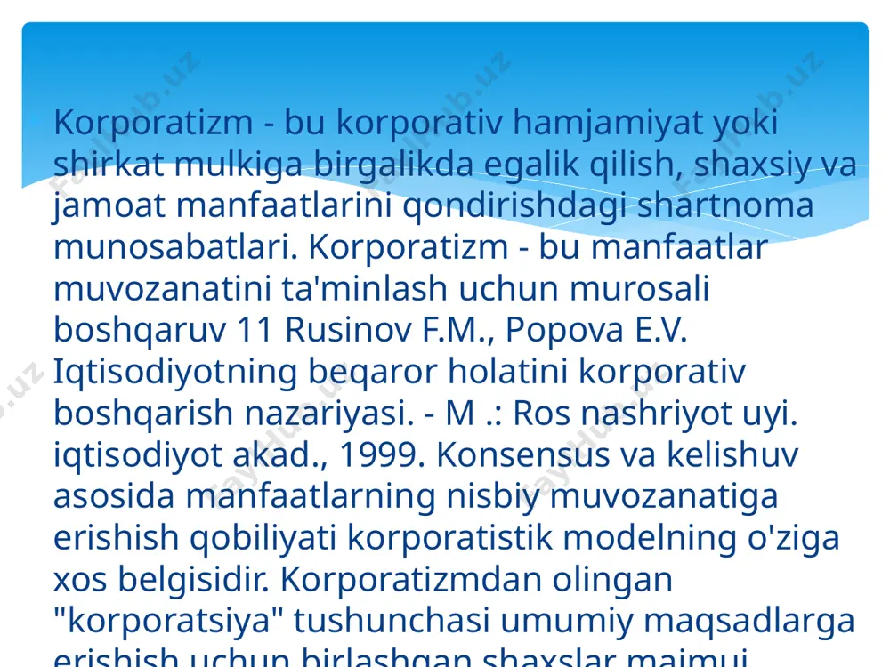 h paytida, korporativ obligatsiyalarni chiqarishda); korporativ boshqaruv tartiblarini takomillashtirish bo'yicha qo'llanma sifatida foydalanish. kompaniya faoliyatining o'ziga xos xususiyatlarini tushunish va tegishli xavf xususiyatlarini keltirish; kompaniya rahbariyati tomonidan aksiyadorlar manfaatlarini hisobga olish usullarini tushunish; korporativ boshqaruv tizimining asosini uning egalari (investorlari) nomidan kompaniya menejerlari faoliyati ustidan ichki nazoratni shakllantirish va samarali amalga oshirish jarayoni tashkil etadi, chunki aynan ikkinchisi tomonidan ajratilgan mablag'lar evaziga kompaniya o'z faoliyatini boshladi va boshqa manfaatdor guruhlar faoliyati uchun maydon yaratdi. korporativ boshqaruv tizimi korporatsiya oldida turgan uchta asosiy vazifani hal qilish uchun yaratilgan: uning maksimal samaradorligini ta'minlash; investitsiyalarni jalb qilish; huquqiy va ijtimoiy majburiyatlarni bajarish. image2.jpeg image3.jpeg image4.jpeg /docprops/thumbnail.jpeg
