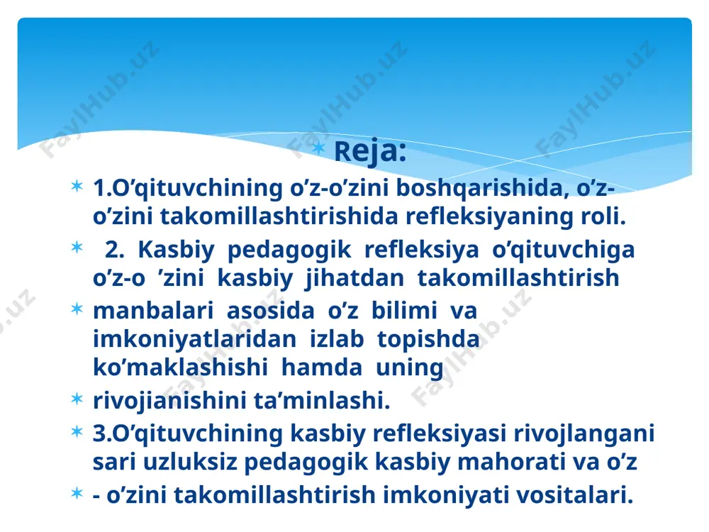 -atvori, muloqot madaniyati, tafakkurida yig’ilgan eski andozalarni, kamchiliklami bartaraf etish imkoniyatini berishi. kasbiy pedagogik refleksiya o’qituvchiga o’z-o ’zini kasbiy jihatdan takomillashtirish manbalari asosida o’z bilimi va imkoniyatlaridan izlab topishda ko’maklashishi hamda uning rivojianishini ta’minlashi. o’qituvchining kasbiy refleksiyasi rivojlangani sari uzluksiz pedagogik kasbiy mahorati va o’z - o’zini takomillashtirish imkoniyati vositalari. kasbiy refleksiyaning o’qituvchi pedagogik faoliyatini tashxislashga, ya’ni diagnostika qilishga ta’siri. pedagogik diagnostika funktsiyalari. o’qituvchi o’z kasbiy pedagogik faoliyatini tahlil va o’z-o’zini tahlil qilish bosqichlari. o’qituvchi faoliyatini pedagogik tashxislash kontseptsiyasi ta’lim va tarbiya jarayonini boshqarish imkoniyatini ta’minlashi, pedagogik tashxis o’qituvchining pedagogik faoliyatida erishayotgan yutuqlarini belgilovchi xarakter kasb etishi va u bevosita o’qituvchining kasbiy refleksiyasiga tayanishi. respublikamiz hukumati xalq ta'limi sohasida o’rtaga qo’yayotgan vazifalarni bajarish ko’p jihatdan o’qituvchiga bog’liq. hozirgi sharoitda ta'lim tarbiyadan ko’zda tutilayotgan maqsadlarga yetishish, o’kuvchilarning xilma - xil faoliyatlarini uyushtirish, ularni bilimli, e'tiqodli, mehnatsevar, barkamol inson qilib o’stirish o’quvchi zimmasiga yuklatilgan xalqimizning kelajagi, mustaqil o’zbekistonning istiqloli ko’p jihatdan o’qituvchiga, …