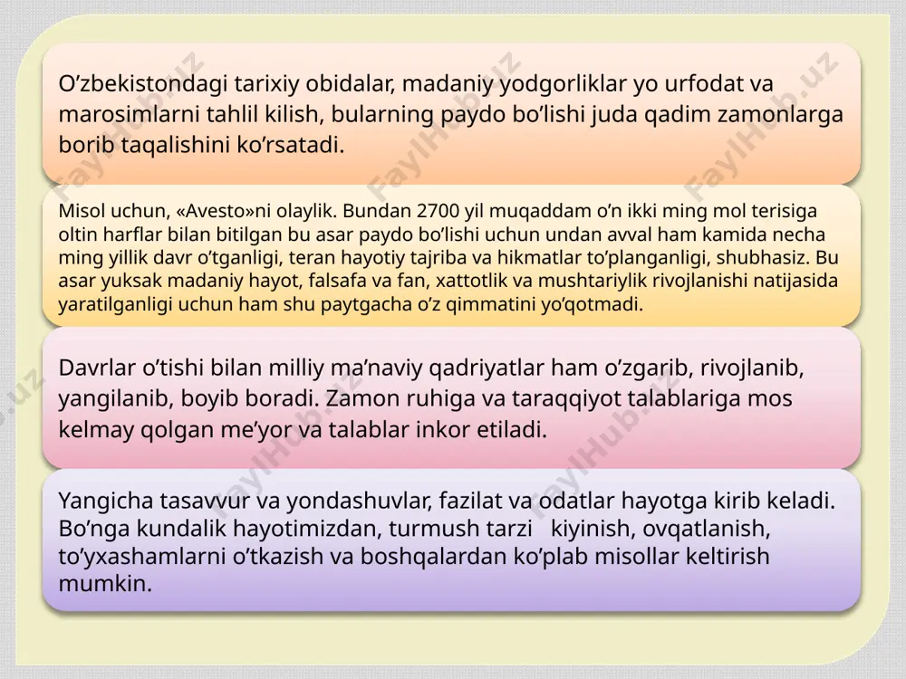 miy kashfiyoti, avvalo, uning millati va vatanini dunyoga tanitadi, milliy qadriyatni jami bashariyatning yutushga aylantiradi. milliylik xalqning ruhiyati va ma’naviyati, ayniqsa, san’at va adabiyot rivojida yorqin ifodalanadi. ezgulik va poklikni, insoniylik va haqqoniylikni kuylagan buyuk asarlar, qaysi janrda yoki qaysi tilda yaratilganidan qat’iy nazar, jahonga taniladi, pirovardida yana shu millatning xalqaro nufuzini yuksaltiradi. milliy ma’naviy qadriyatlar tizimida axlokiy sifat, diniy ‘adriyatlar munosib o’rin egallaydi va milliy o’zlikni anglashning muhim sharti, omili sifatida namoyon bo’ladi. axloqiy va diniy qadriyatlar aksari hollarda o’zaro bog’liq bo’lib, jamiyatning ma’naviy yuksalishida, yosh avlod tarbiyasida birdek muhim ahamiyatga ega. shularni hisobga olib, prezident islom karimov «turkistonpress» agentligi muxbirining savollariga javob berar ekan, madaniy, ma’naviy, axloqiy qadriyatlarni saqlab qolish va avloddanavlodga yetkazishda dinning beqiyos xizmati borligini uqtiradi: «diniy kadriyatlar, islomiy tushunchalar es&yotimizga shu k&dar singib kgtganki, ularsiz biz o’zligimizni yo’kotamiz»1, deb ta’kidlaydi. har bir xalq, millat yaratgan ma’naviy qadriyatlar, uning dunyoga qarashi va hayotga munosabati, o’ziga xos …
